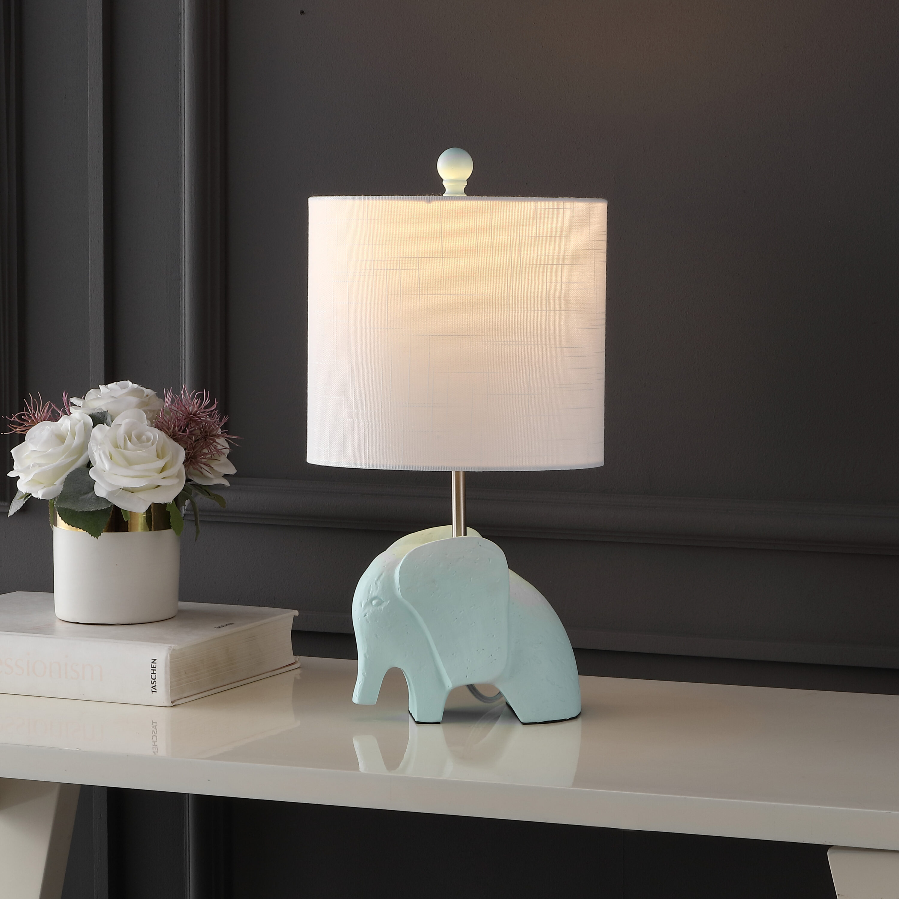 JONATHAN  Y JYL1143B Koda Eclectic Elephant Resin/Iron 17.5-in Turquoise LED Rotary socket Table Lamp with Linen Shade