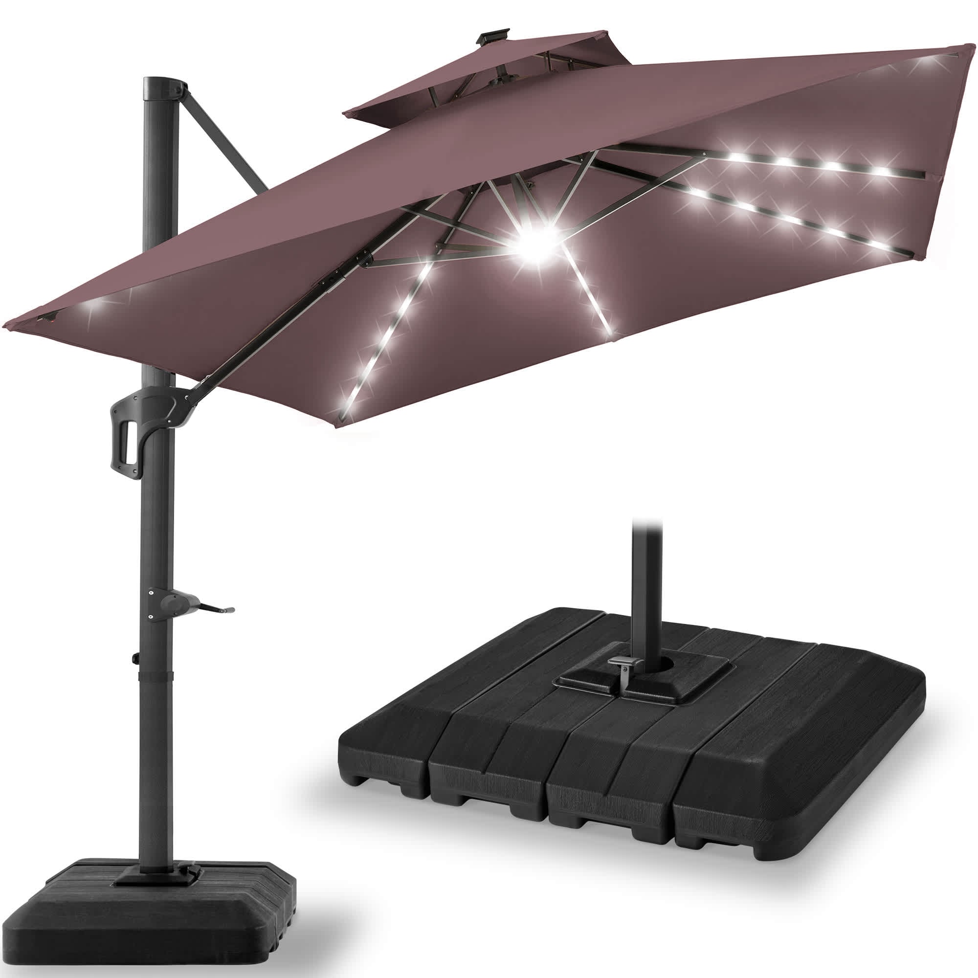 Best Choice Products SKY7494 10x10ft 2-Tier Square Outdoor Solar LED Cantilever Patio Umbrella w/ Base Included- Deep Taupe