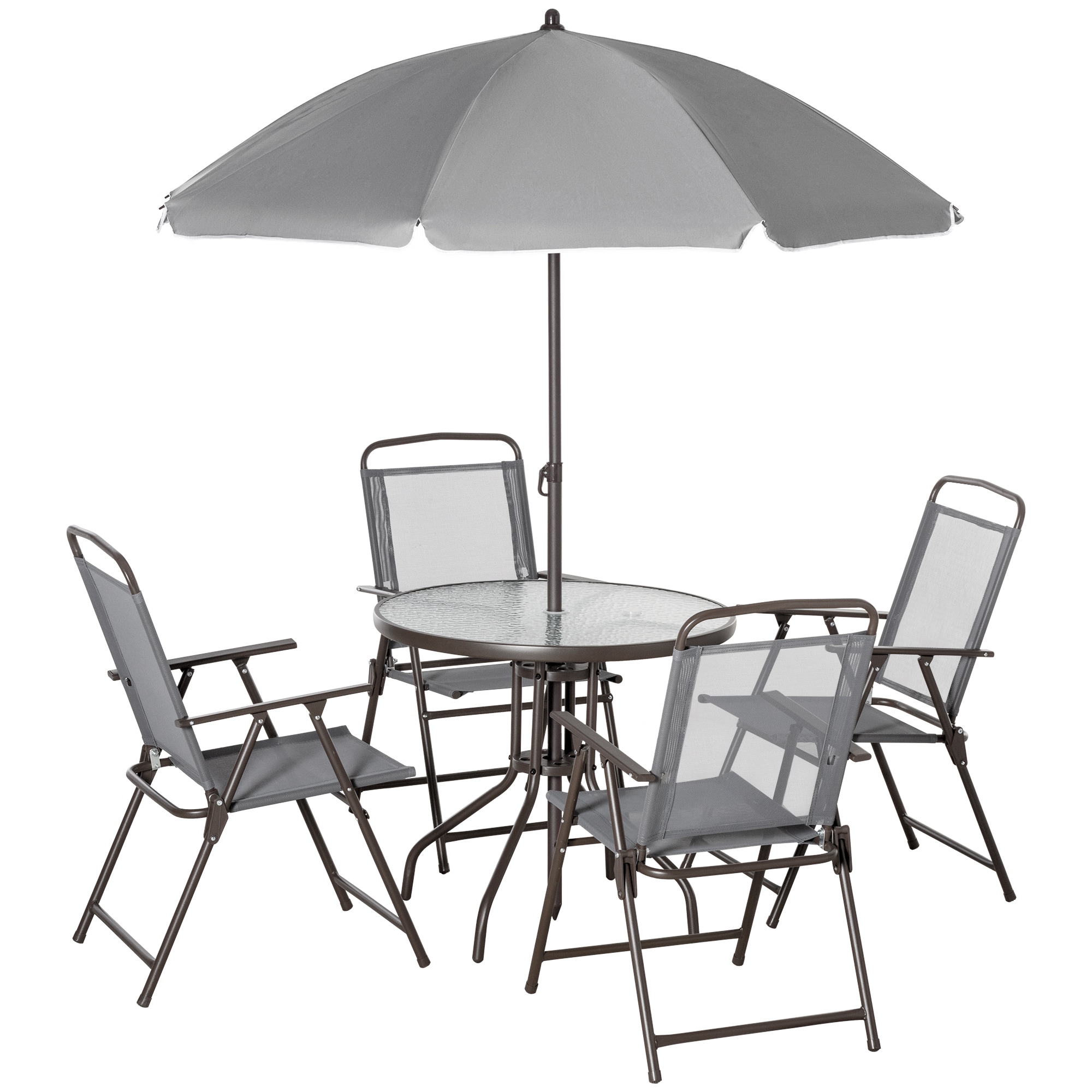 Outsunny 84B-688 6 Piece Patio Dining Set for 4 with Umbrella 4 Folding Dining Chairs  Round Glass Table for Garden Backyard and Poolside Gray
