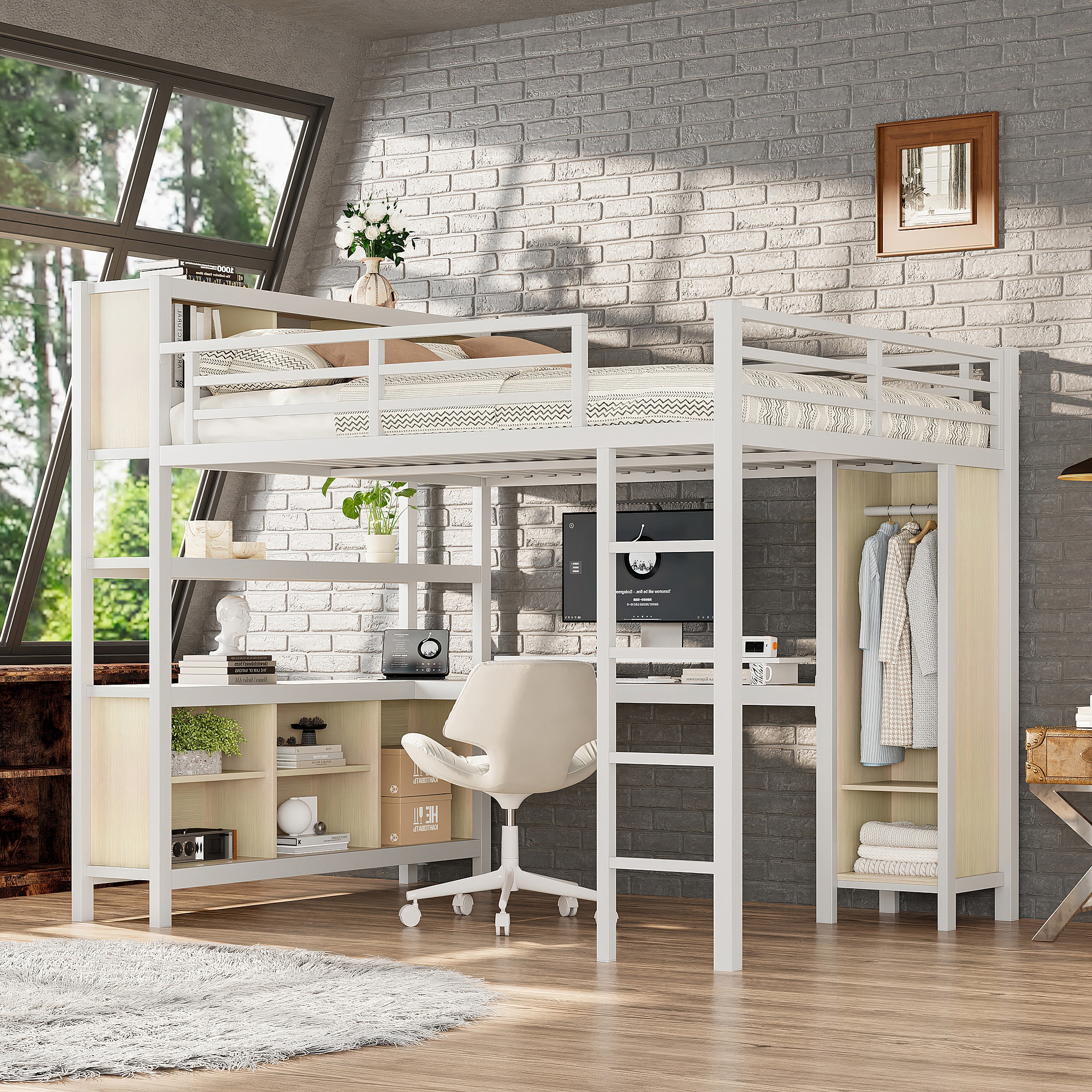 Bellemave - Metal Loft Bed with Wardrobe L Shaped Desk Storage Cubes Shelves Heavy Duty Queen Siz...