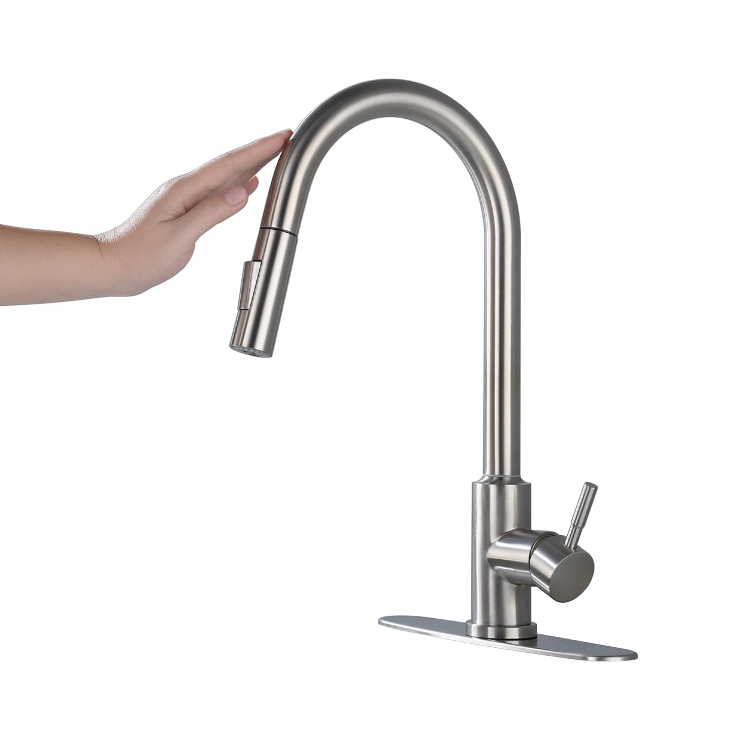 Mondawe Brushed Nickel Single Handle Pull-down Kitchen Faucet with Deck ...