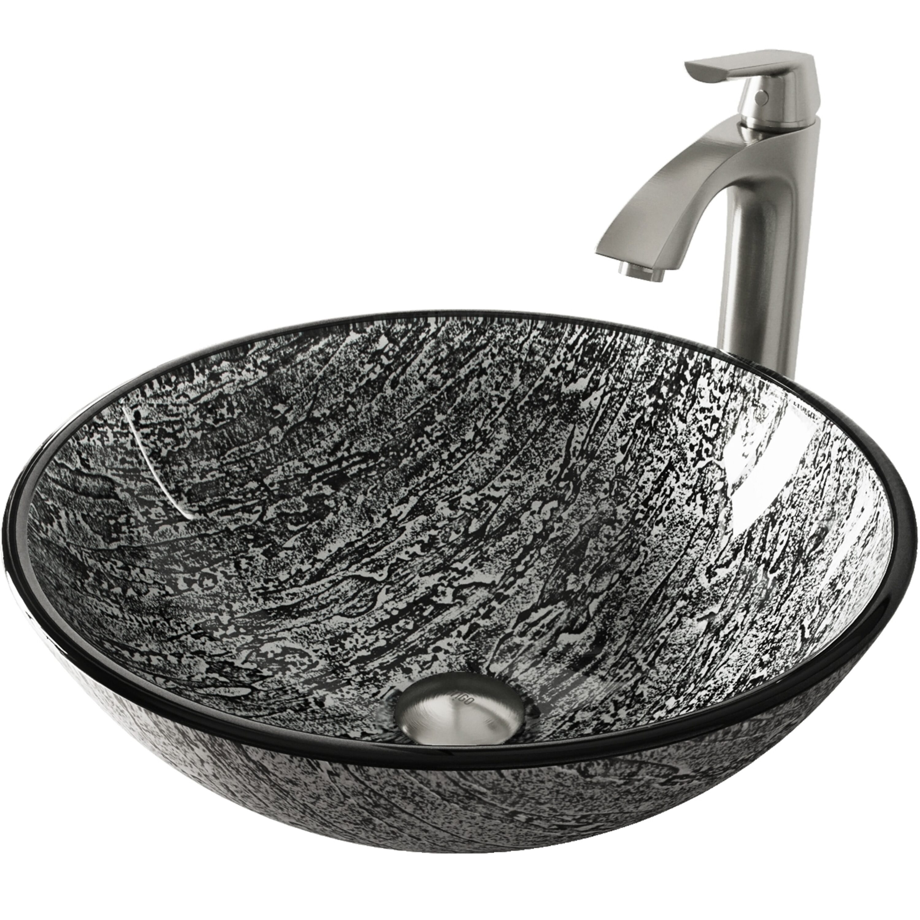 VIGO VGT559 Titanium Glass Vessel Round Modern Gray Bathroom Sink with Faucet Included with Drain Included ( 17-in x 17-in )