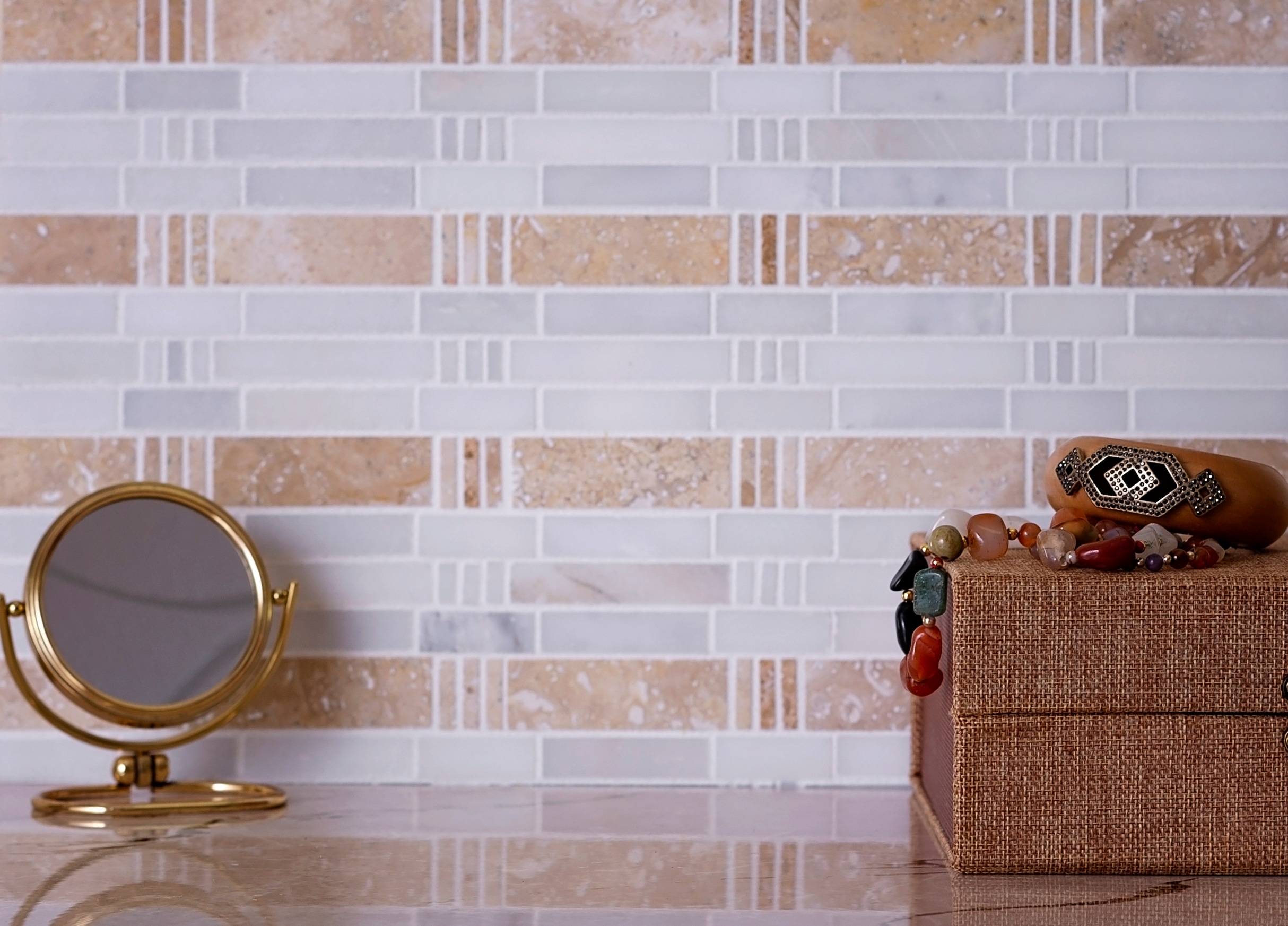 Beige and White Polished Marble Mosaic Tile 12" x 12"