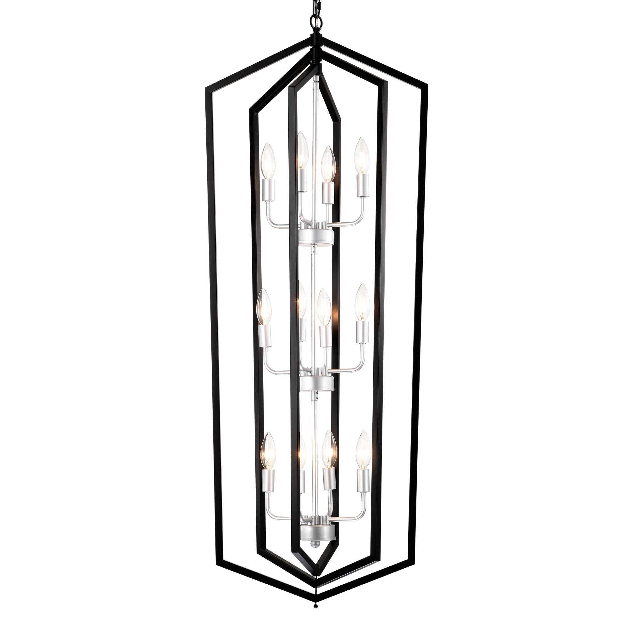 LTMATE LSD1001BN-12 JAZAVA 12 -Light Black and Silver Farmhouse Lantern Large Hanging Swag light