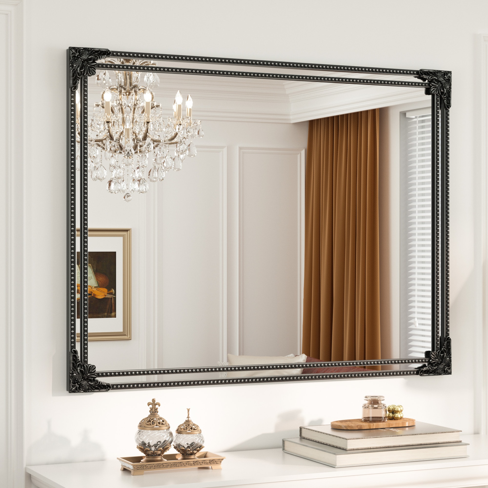 Keonjinn LW-ZSJ-FSQ-10175-BK Decorative Mirror 40-in W x 30-in H Rectangle Distressed Black Framed Wall Mirror