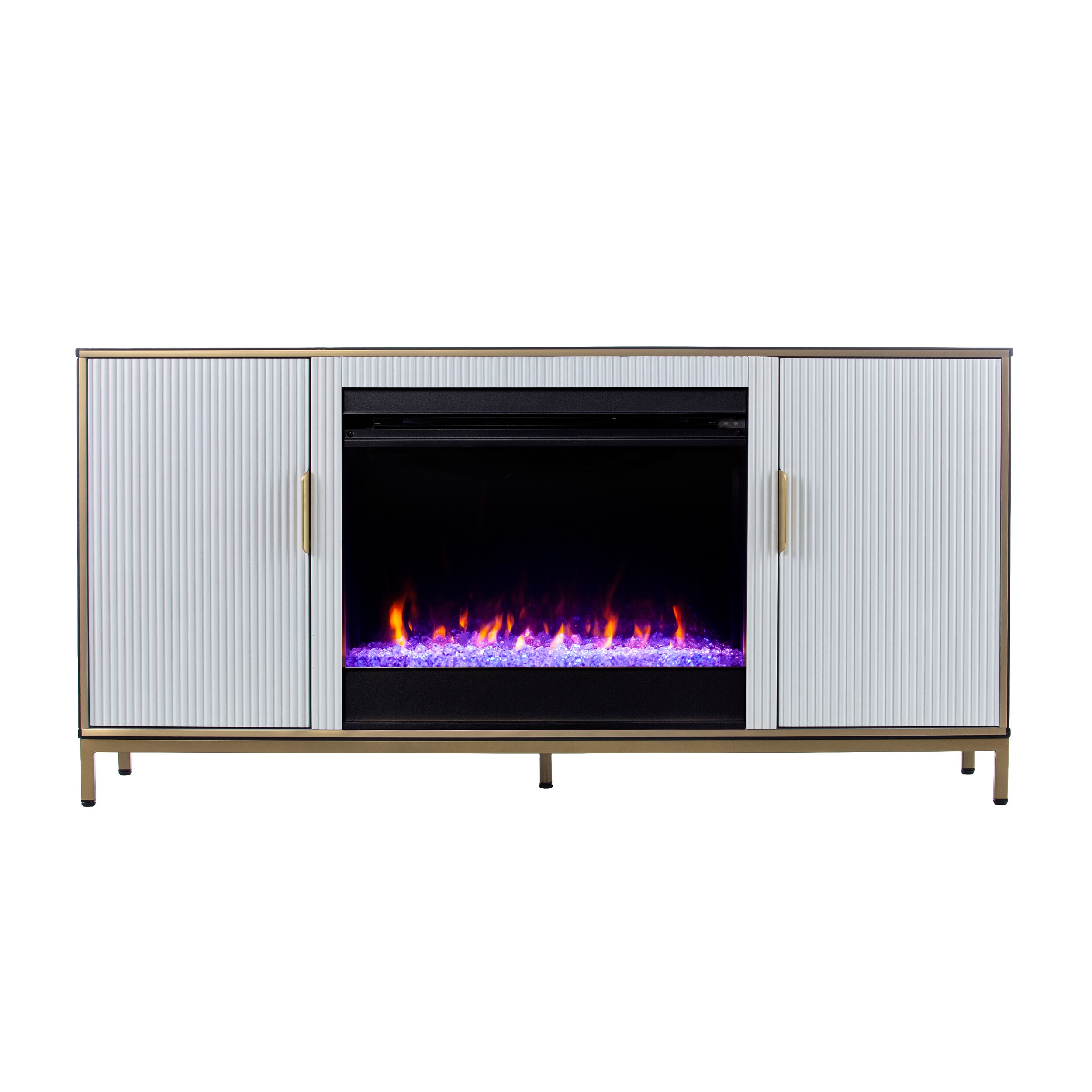 Southern Enterprises FC1217356 54-Inches W Black, White, Gold TV Stand with Fan-forced Flat wall Electric Fireplace with Remote Control Included