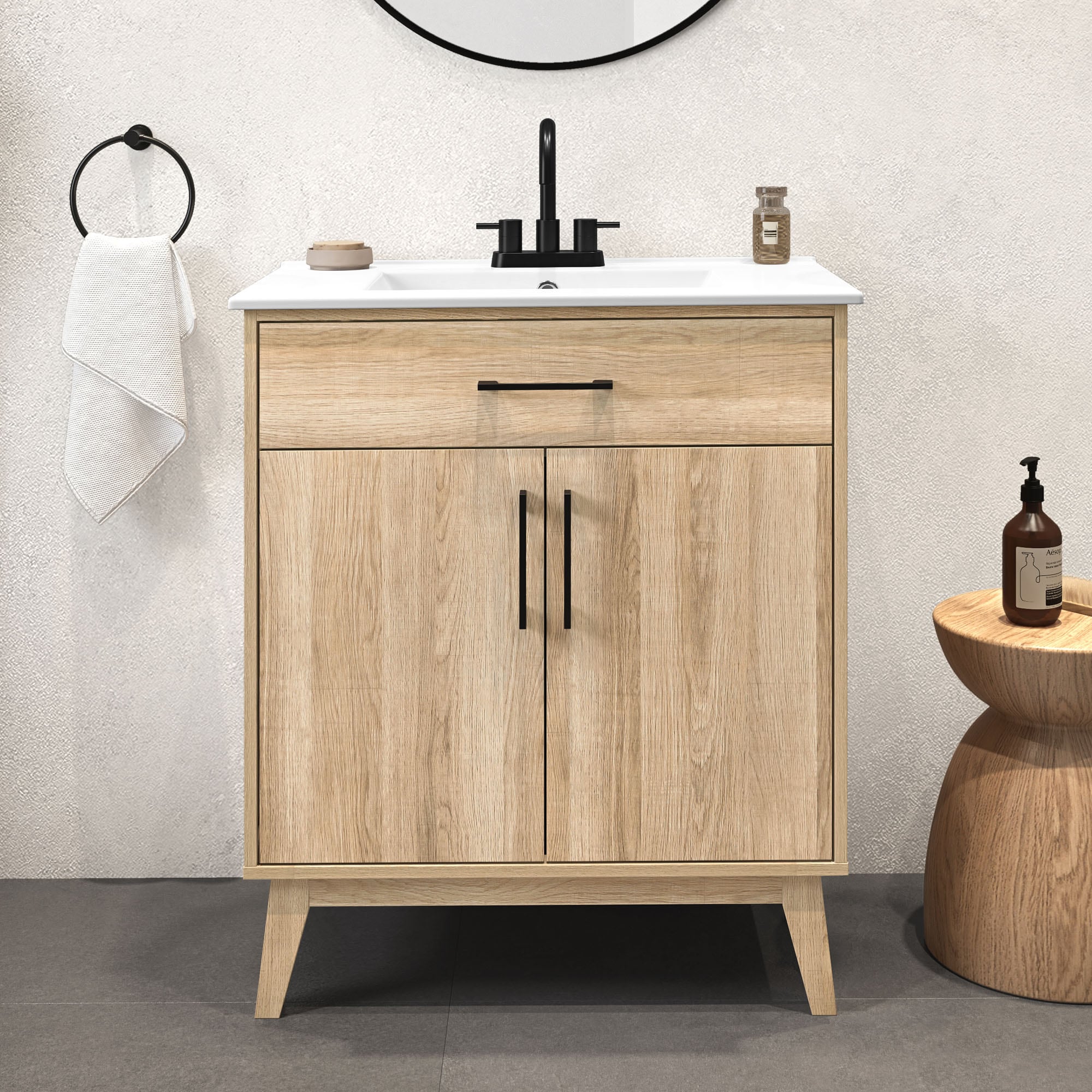 Calway 30-in White Oak Single Sink Bathroom Vanity with White Ceramic Top in Brown | - OVE Decors 15VKA-CALW30-124