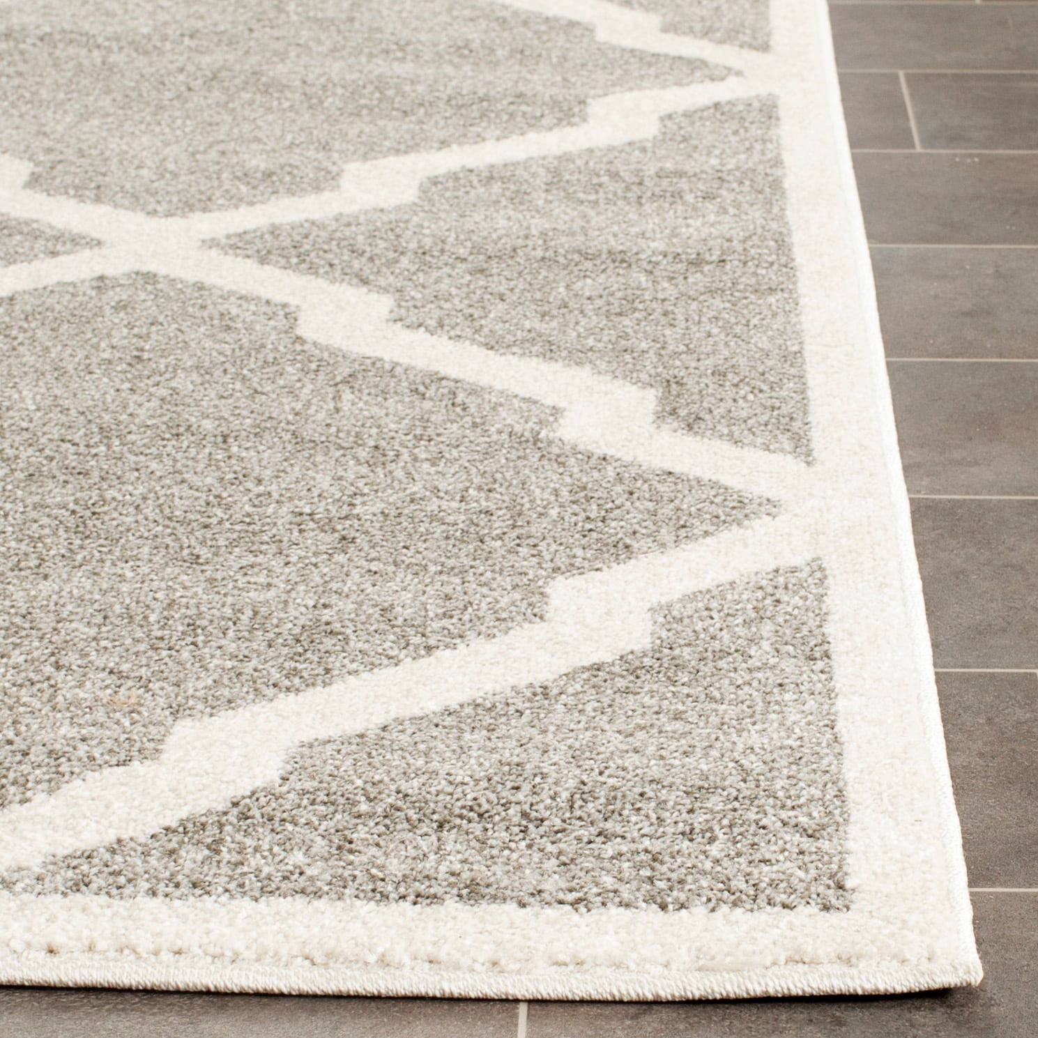 Reversible Dark Grey and Beige Geometric Synthetic Square Rug