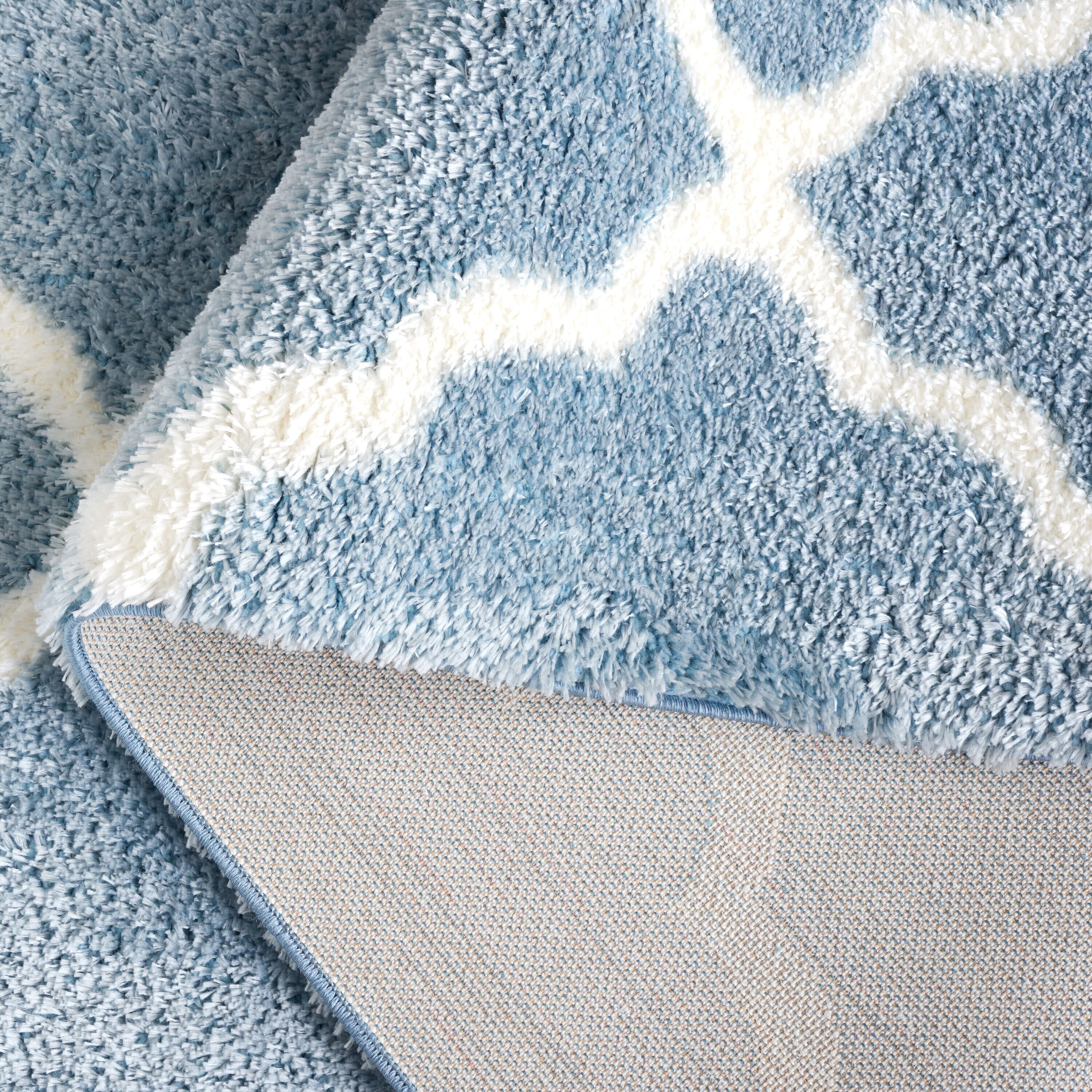 Blue and White Synthetic Shag Runner Rug 2 x 9 ft