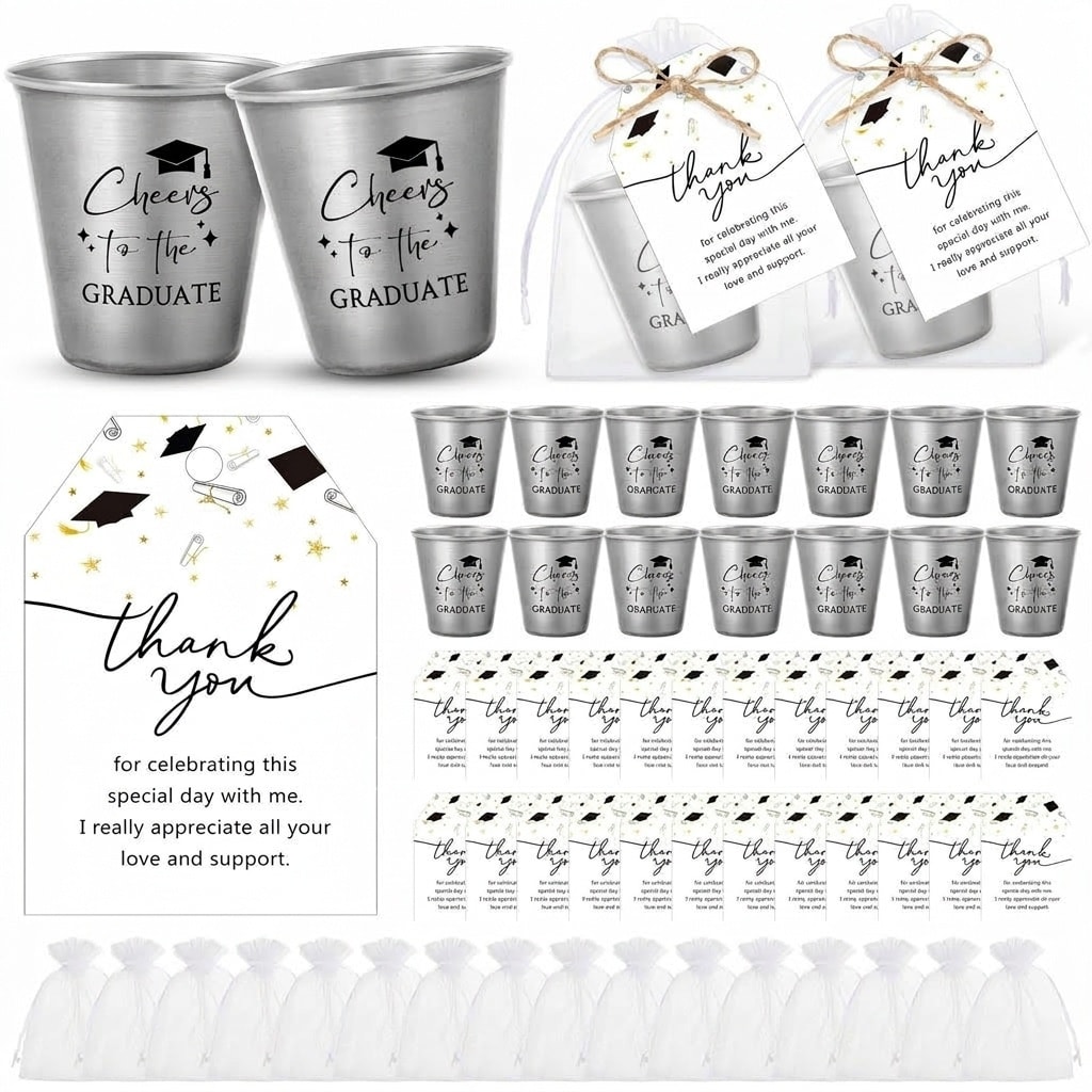 Aoibox  30 Piece Graduation Shot Glasses Set Stainless Steel 1 5 oz Cheers to the Graduate with Thank You Cards and Gift Bags