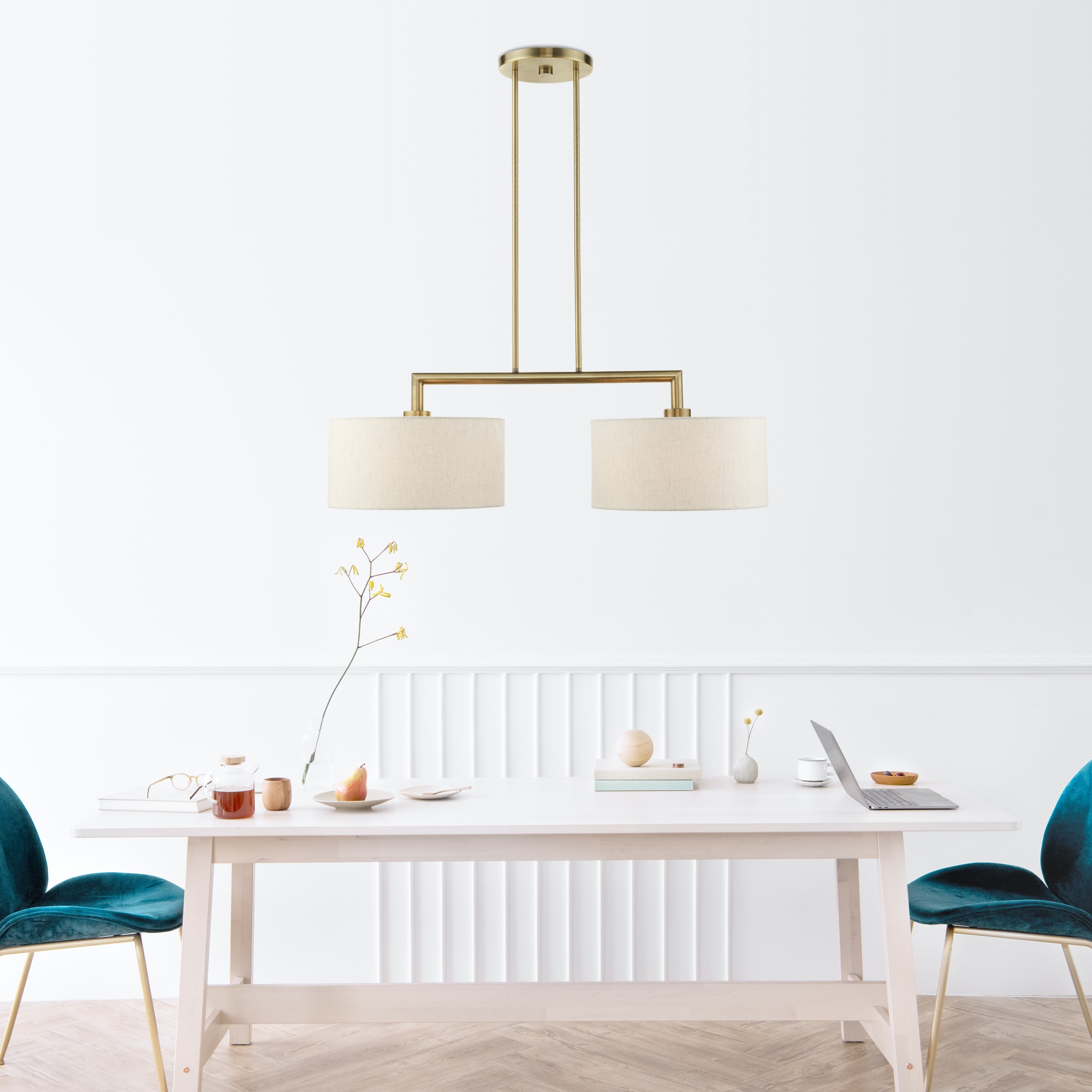 Antique Brass Dual-Light Linear Chandelier with Oatmeal Shades