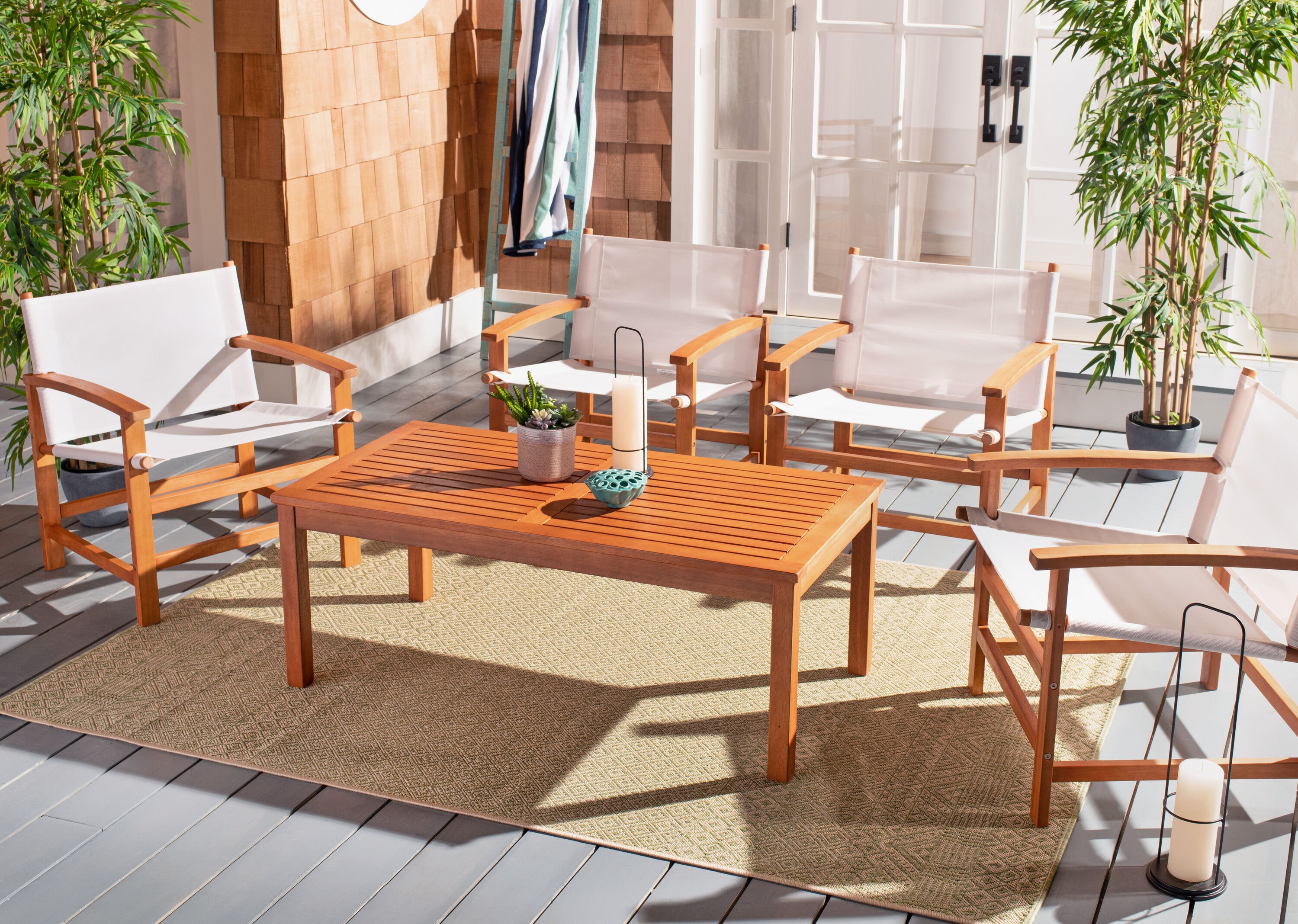 Natural Eucalyptus Wood Outdoor Dining Set with Beige Armchairs