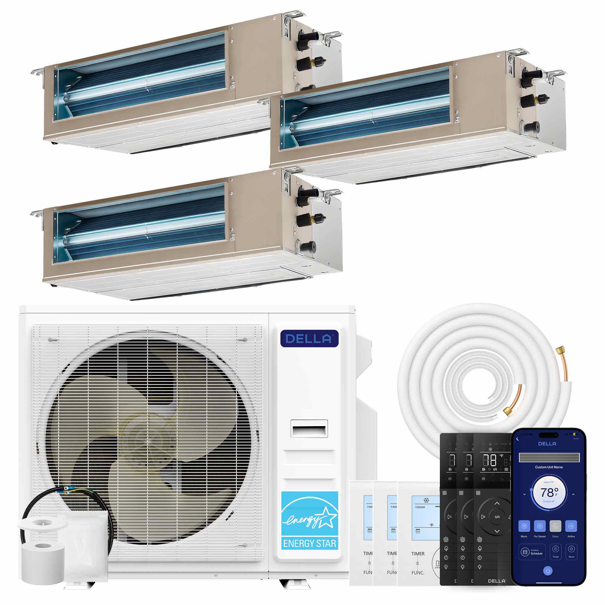 DELLA  34K BTU 3 Zone (9500+11000+11000 BTU) Ducted Mini Split AC