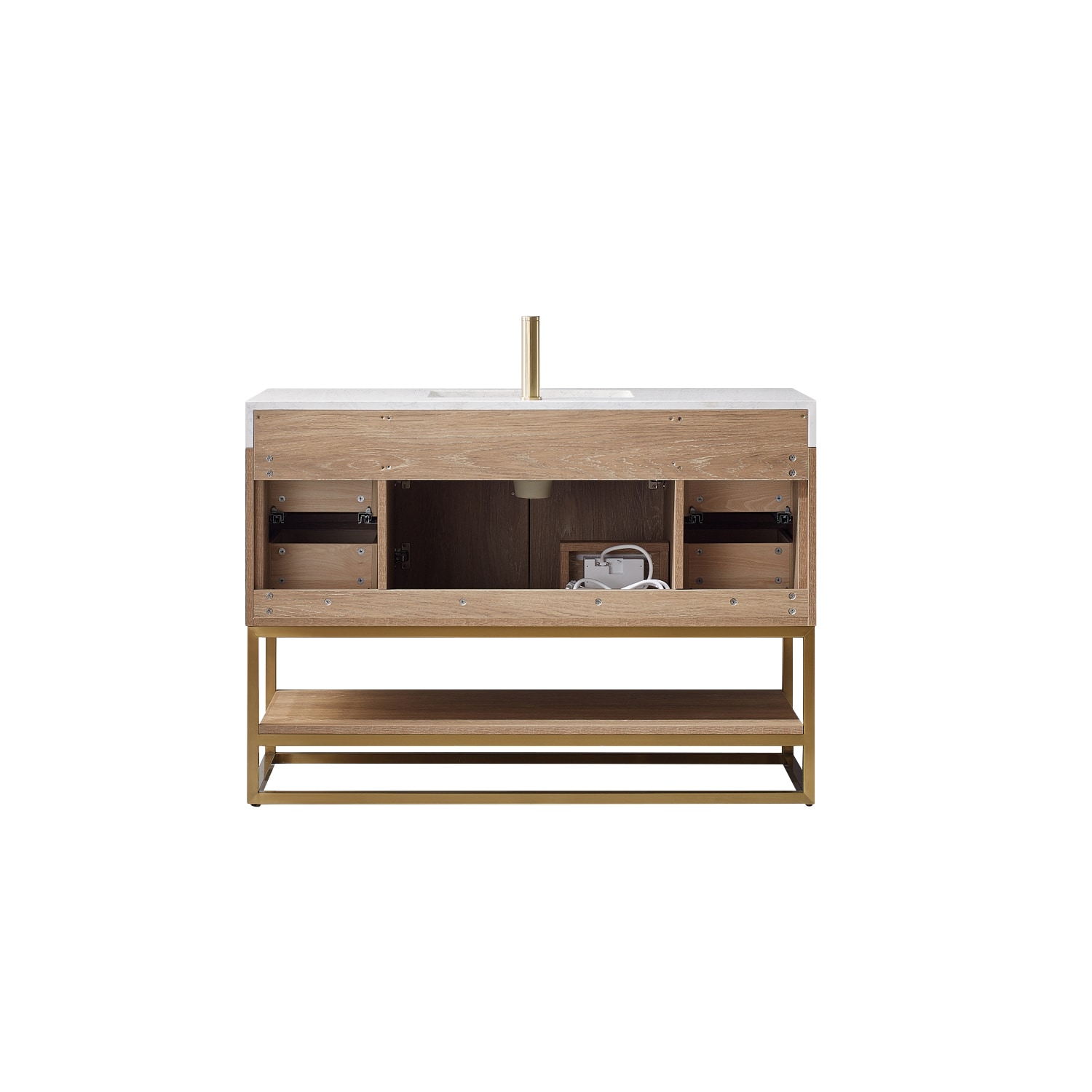 48 Inch Oak Single Vanity with White Stone Top and Brushed Gold Trim
