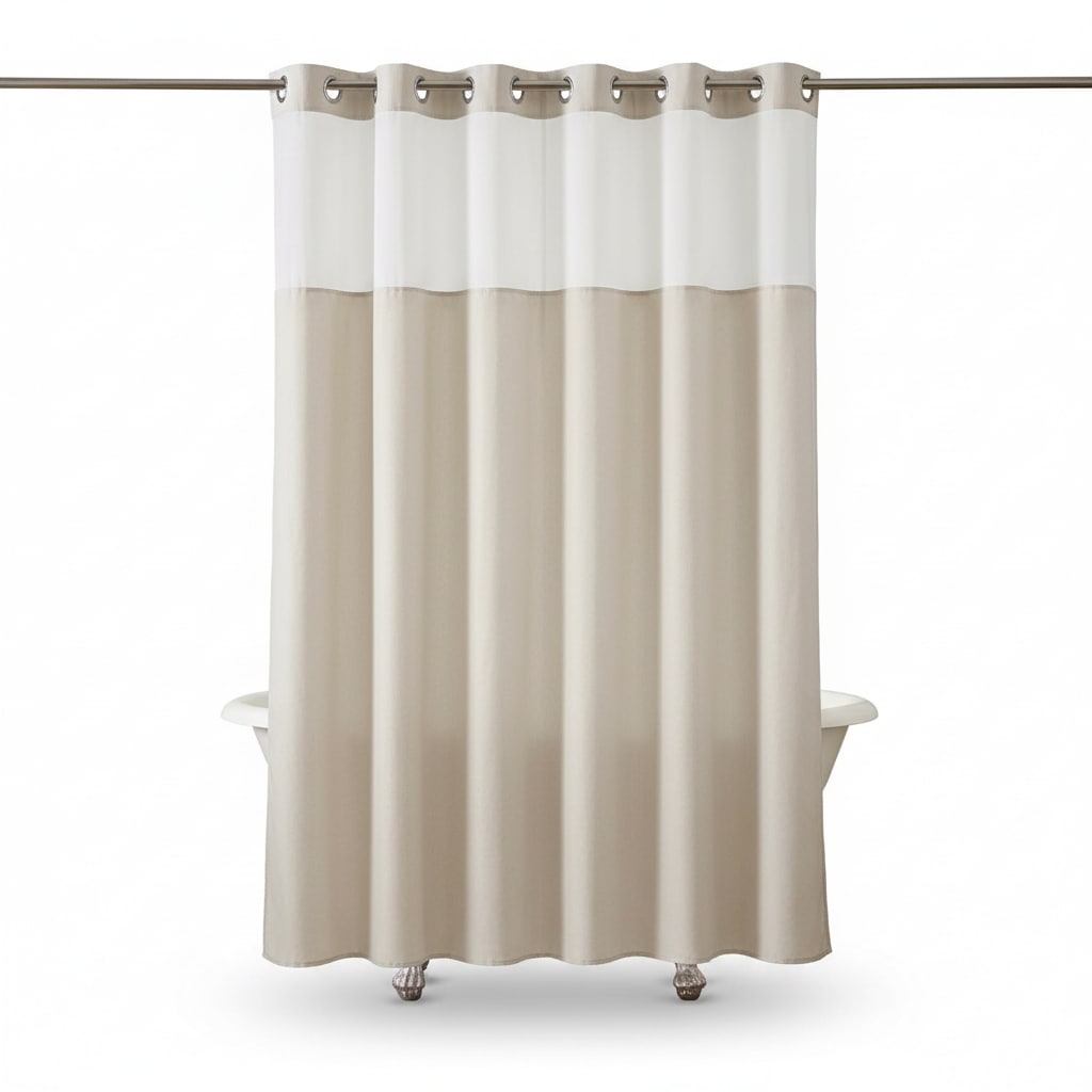 Paradigms Interiors Cream No Hooks Polyester Textured Shower Curtain and Snap in Liner Set with See Through Top Window Hotel Luxury Waterproof Washable 71x74