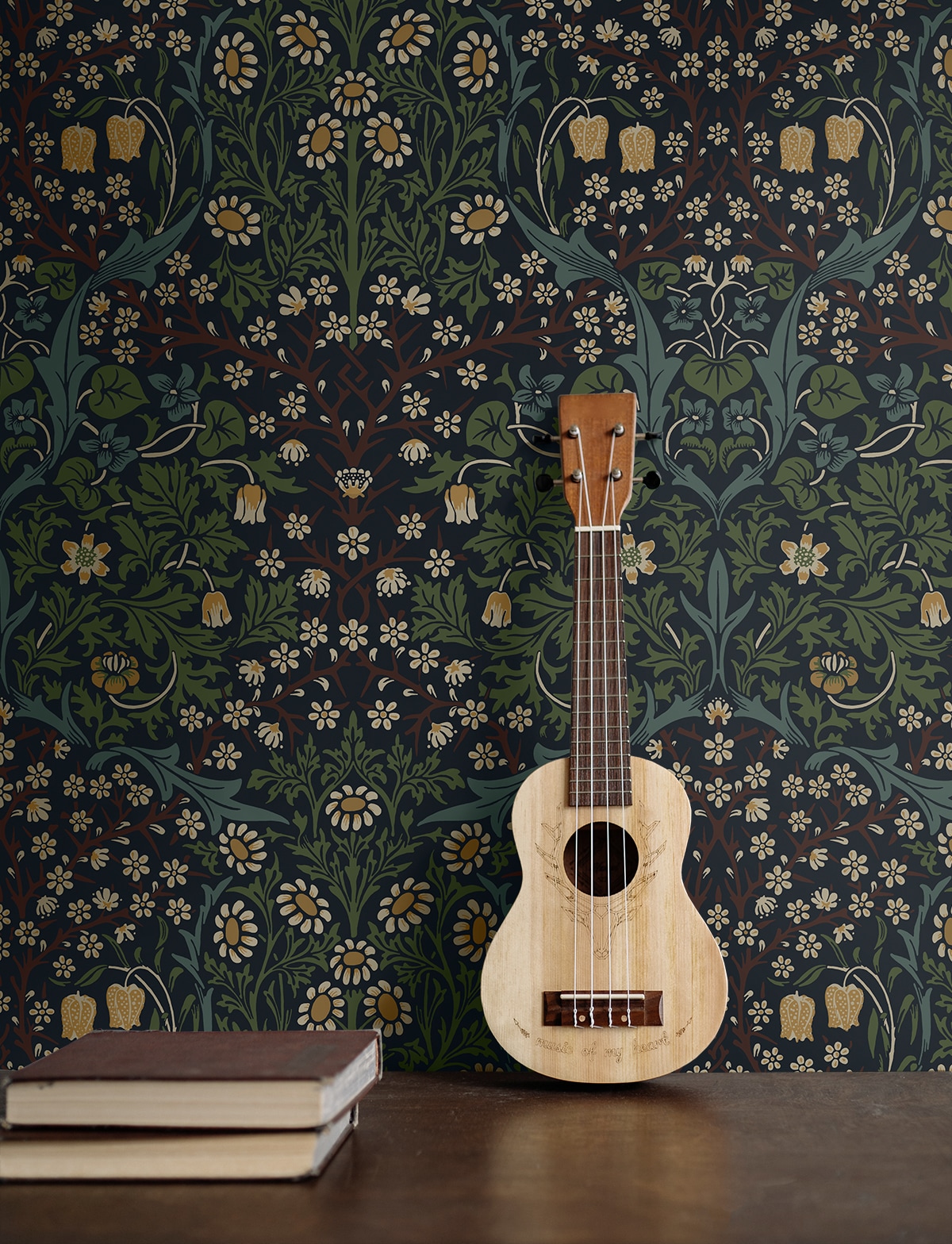 Midnight Blue and Evergreen Damask Floral Peel and Stick Wallpaper