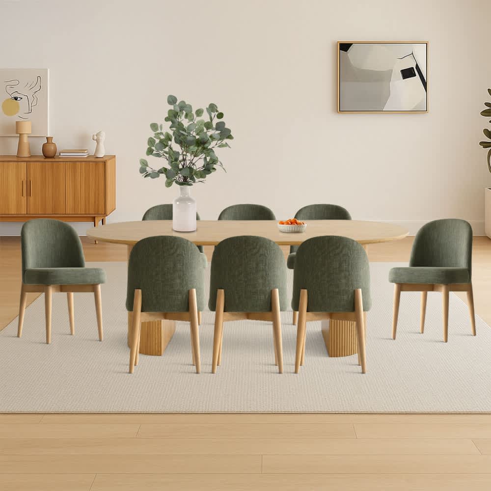 Maison Boucle DWEN-OK+HAVANAGREEN8 Modern 9-Piece Dining Table Set with Natural Oval Table and Green Linen Upholstered Dining Chairs