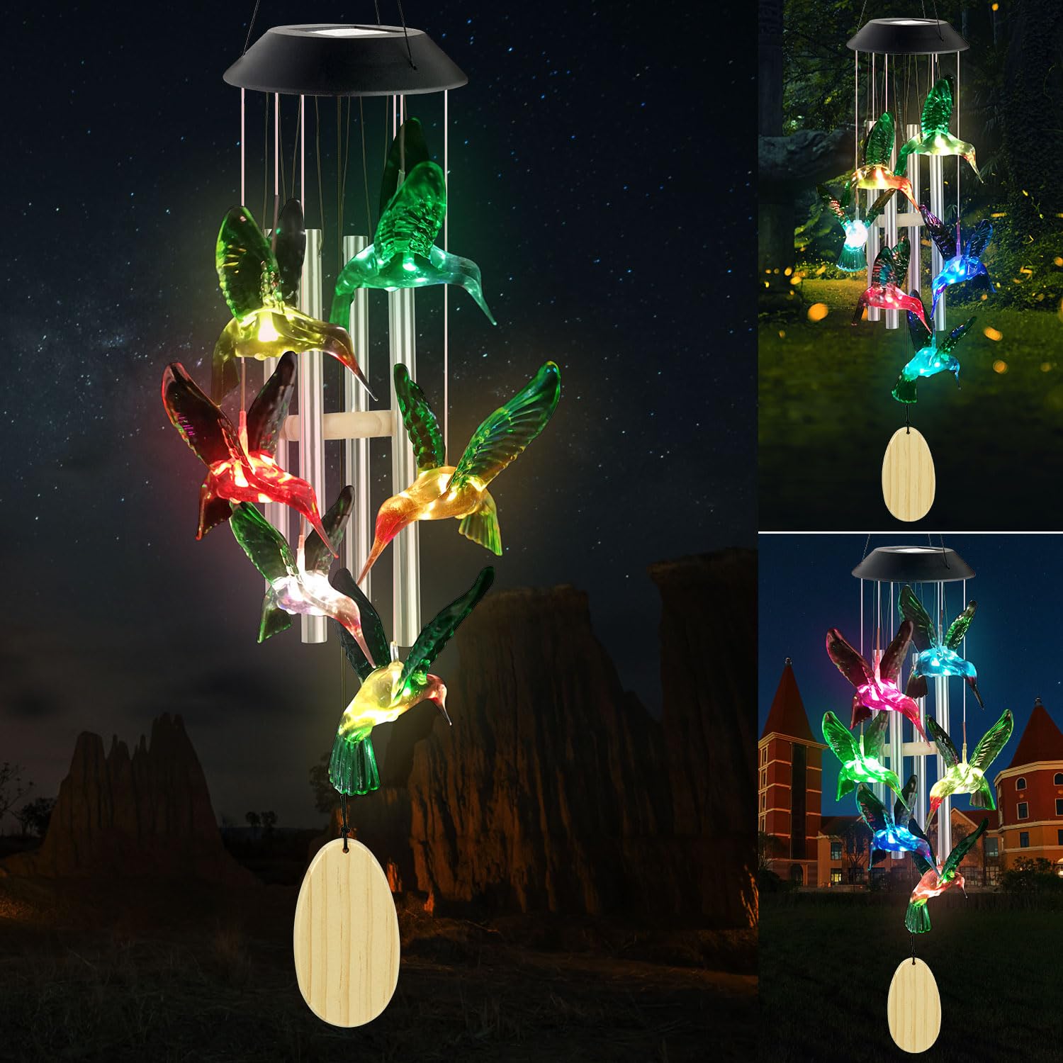 AOIZGMY - Solar Hummingbird Wind Chime Outdoor Indoor Color Changing LED Lights Yard Garden Deco...