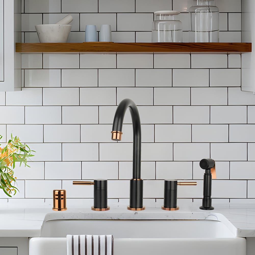 Matte Black and Rose Gold Double Handle Kitchen Faucet with Side Sprayer