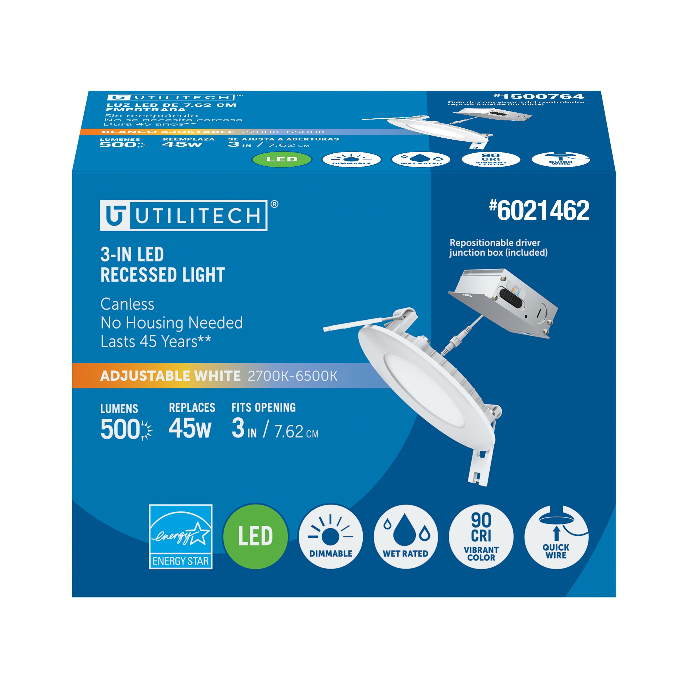Utilitech LLEDR3XT/5CCTCA White 3-in 500 -Lumens Switchable white Round Dimmable LED Canless Wet rated Recessed Downlight