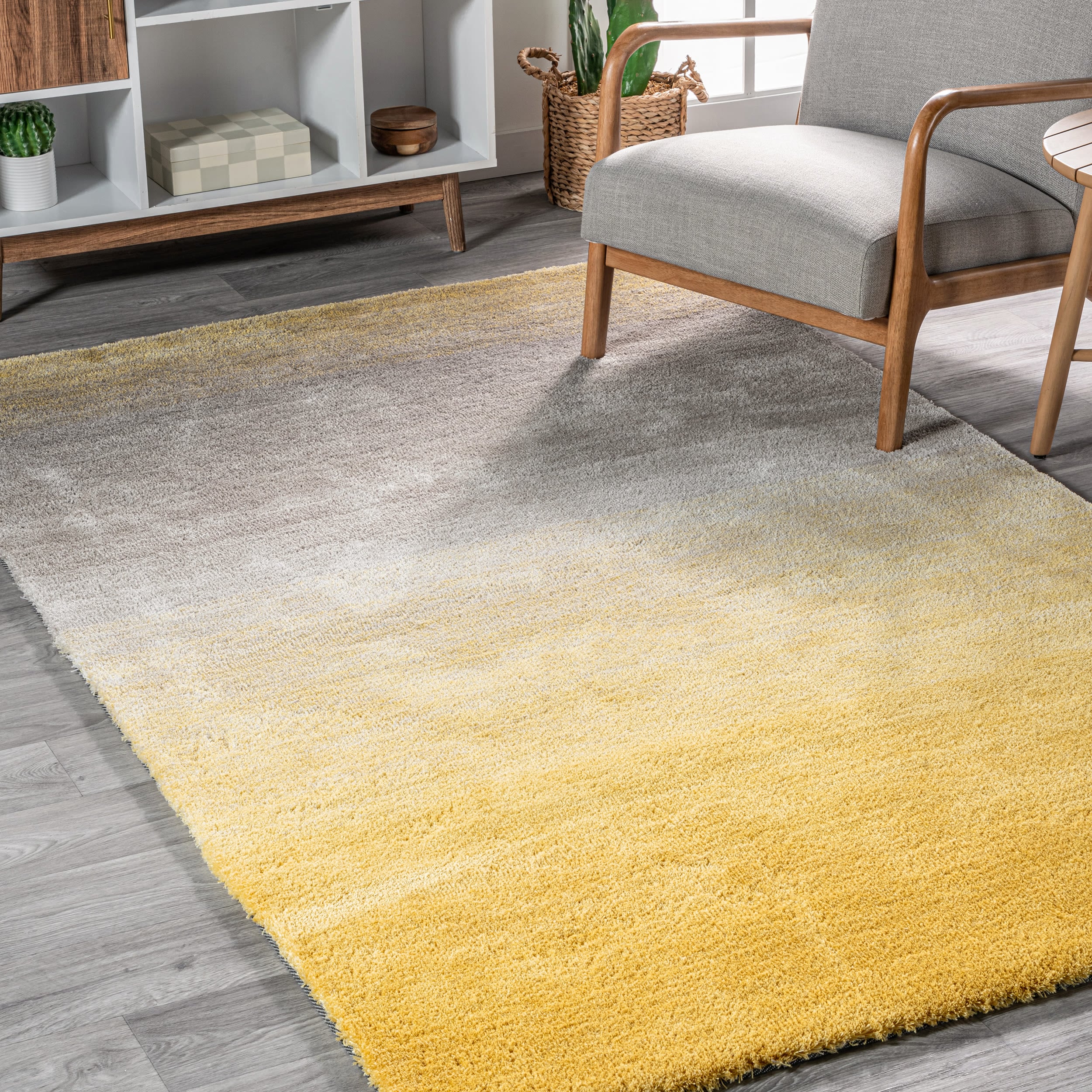 Yellow and Gray Ombre Hand-Tufted Shag Rug, 4' x 6'