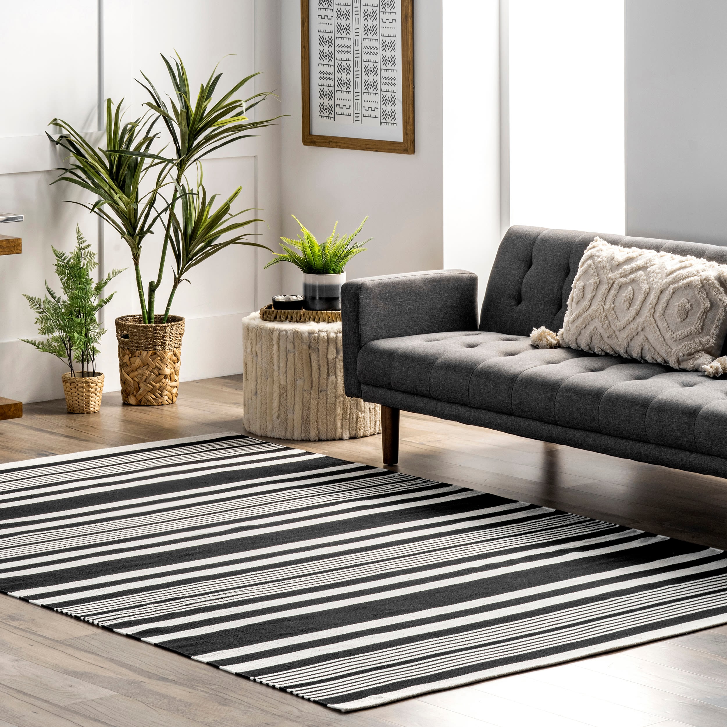 Black and White Striped Cotton Flatweave 8' x 10' Rug