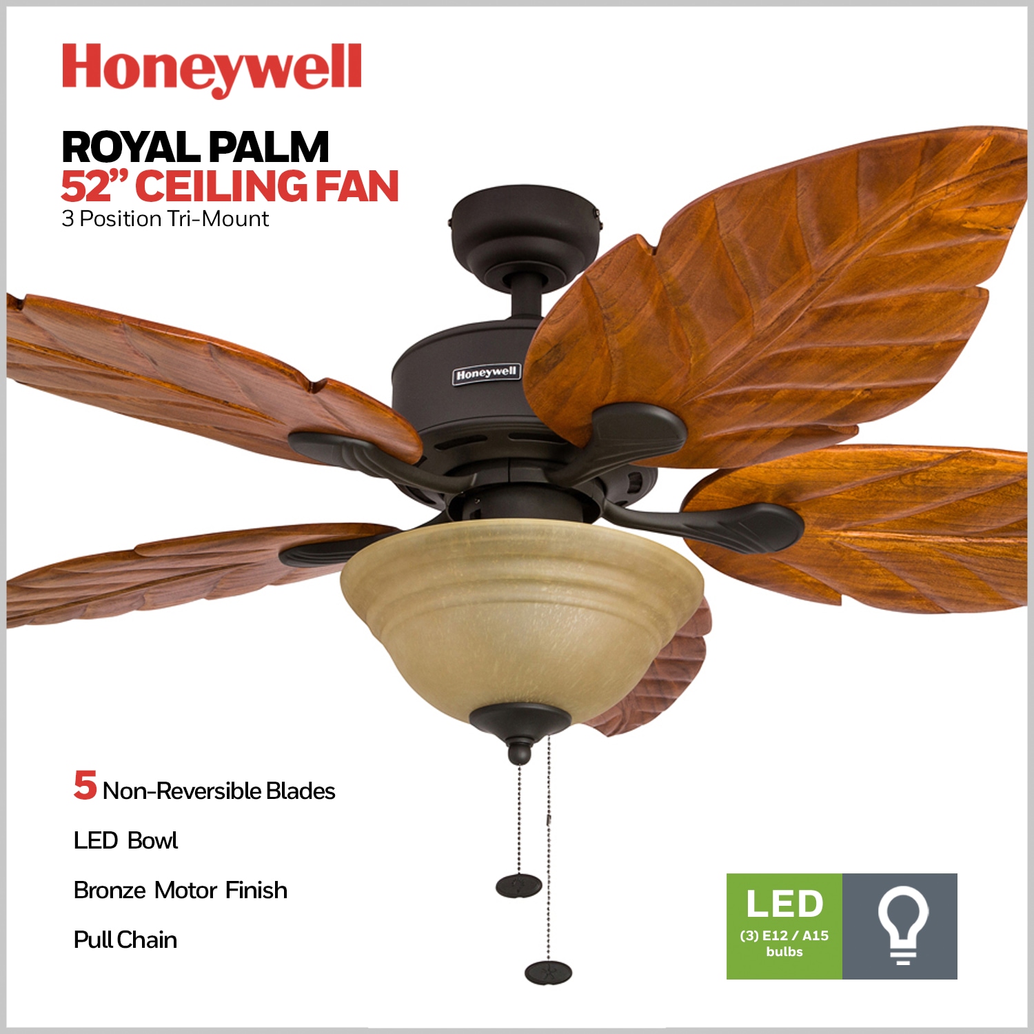 52" Bronze Tropical Ceiling Fan with Hand-Carved Wood Blades