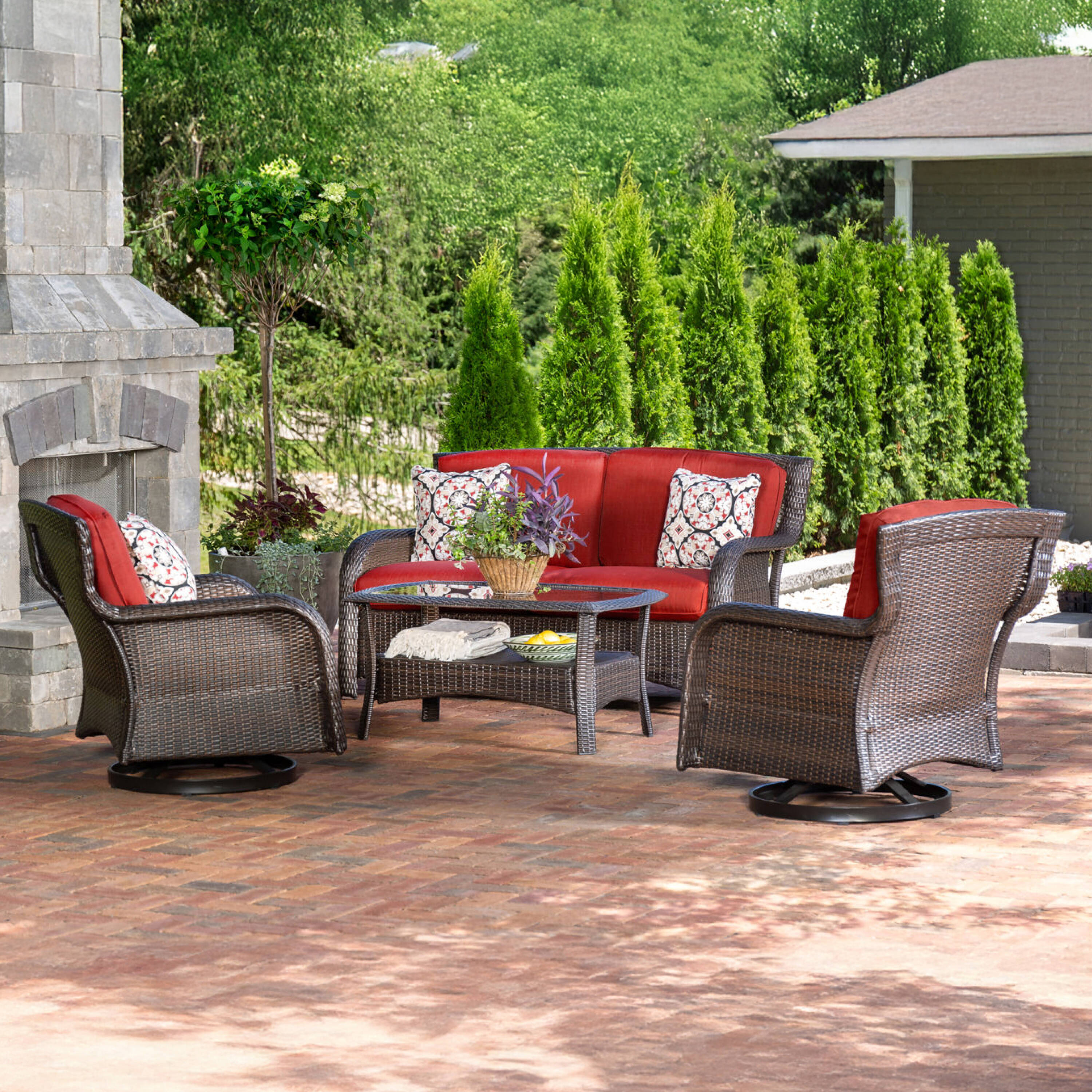 Hanover STRATH4PCSW-LS-RED Strathmere 4 -Piece Wicker Patio Conversation Set with Red Cushions