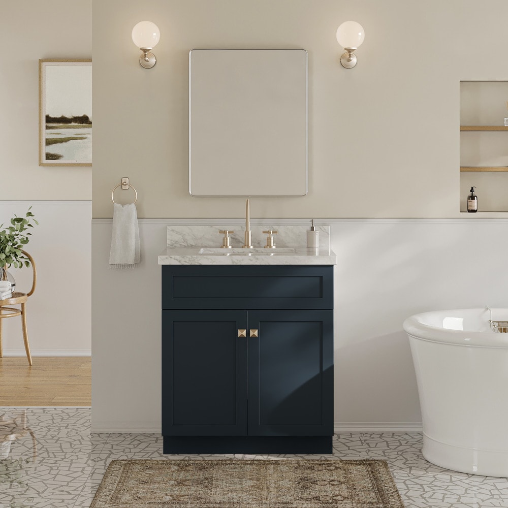 ARIEL F031SCWRVOMNB Hamlet 31-in Midnight Blue Undermount Single sink Bathroom Vanity with Carrara White Marble Marble Top