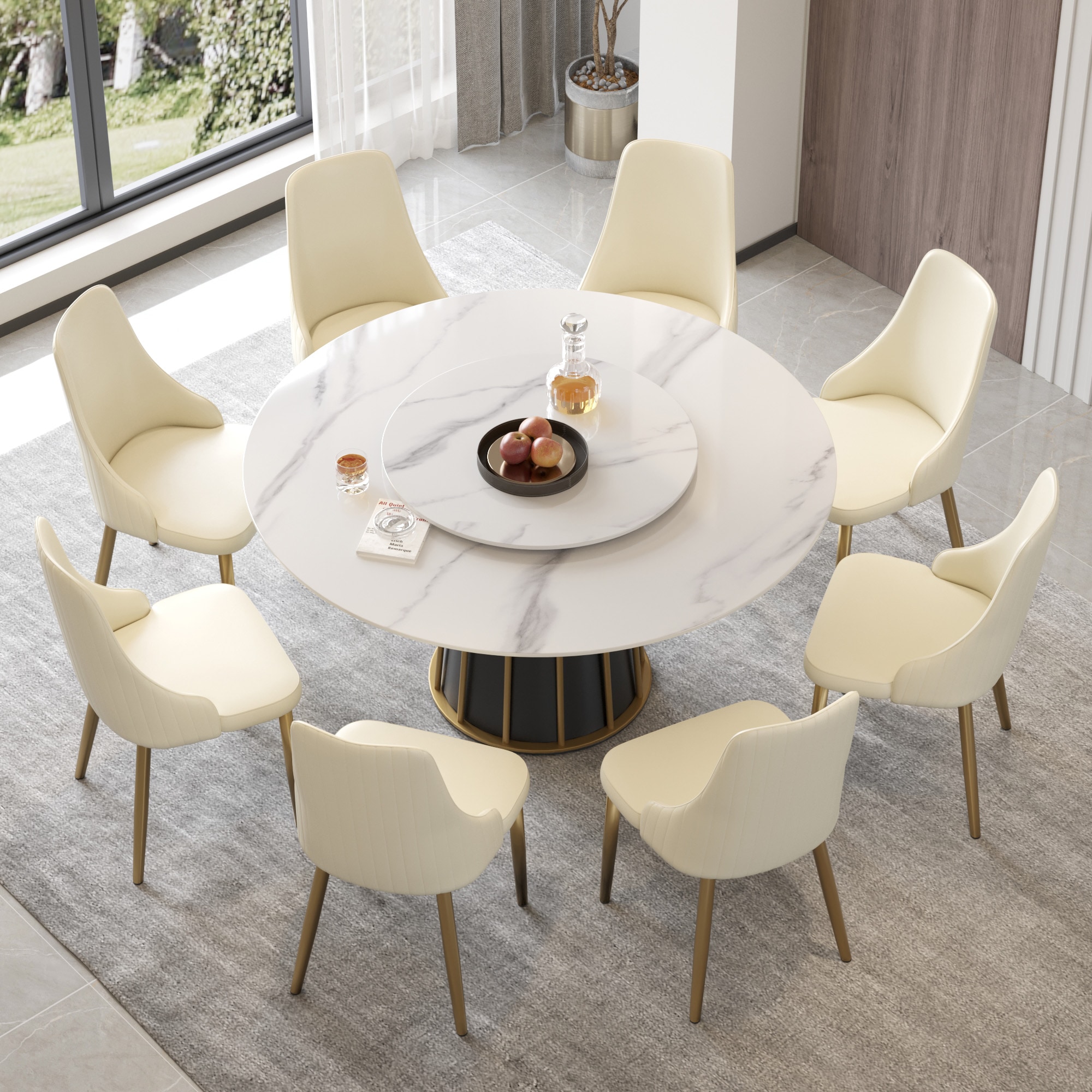 BuotiqHom DH-AT-150W80W-4B 59 in. White+ Lazy Susan Round Contemporary/Modern Dining Table, Ceramic with Primed Metal Pedestal Base 59-in L x 29.5-in H