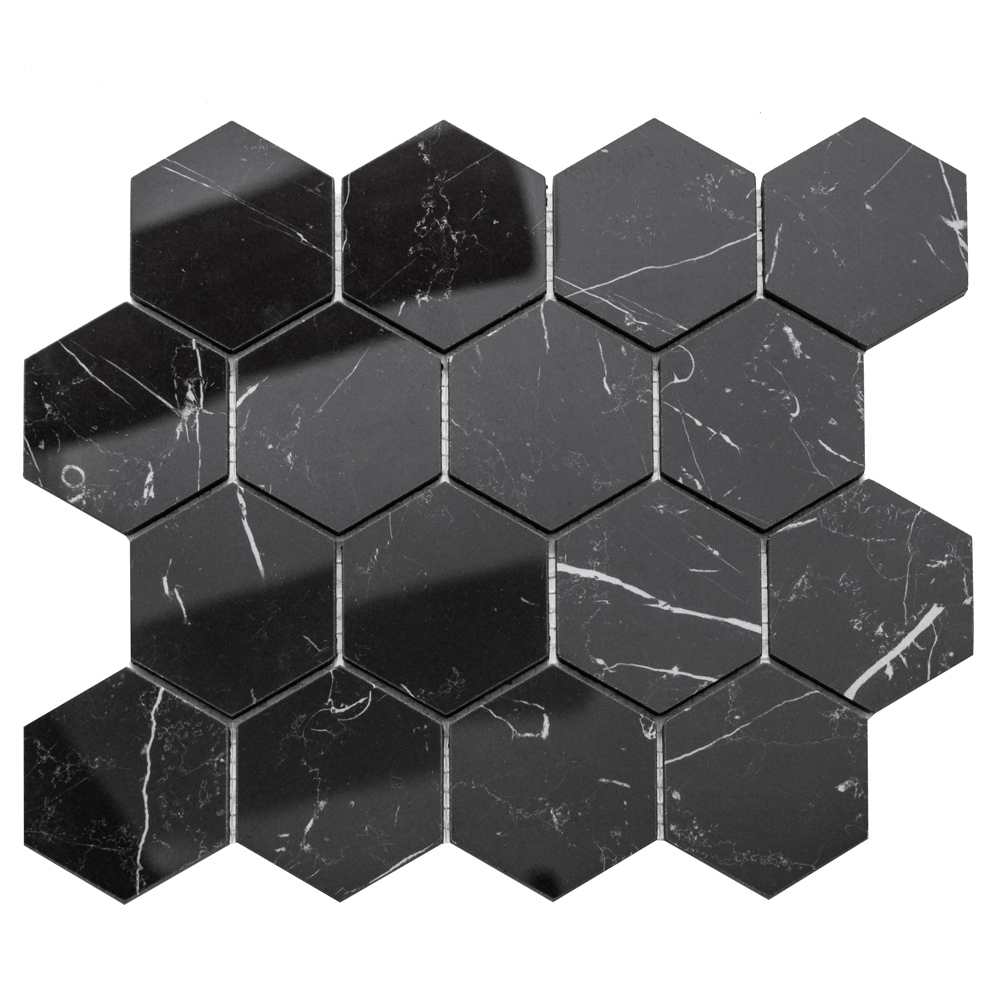 The Tile Life SHEXA1114NE Sample - Stately Hex Nero Marquina 4-in x 4-in Polished Porcelain Marble look Floor and Wall Tile