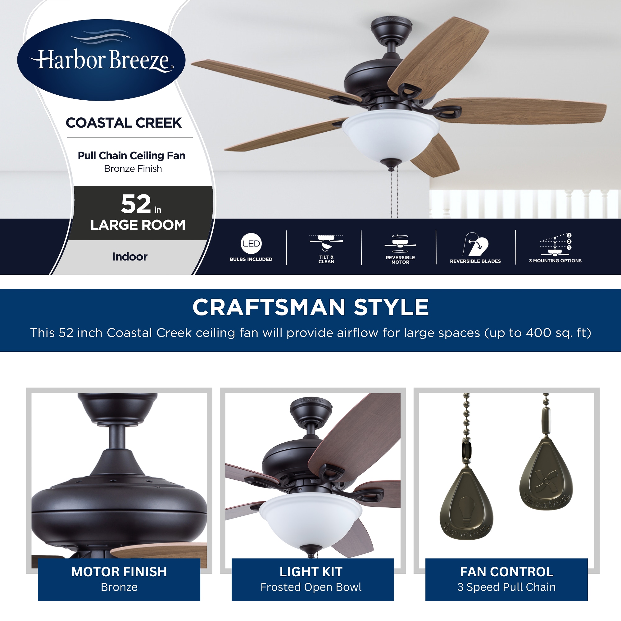 Harbor hot Breeze Coastal Creek II 52-in Bronze LED Indoor Ceiling Fan-Brand New