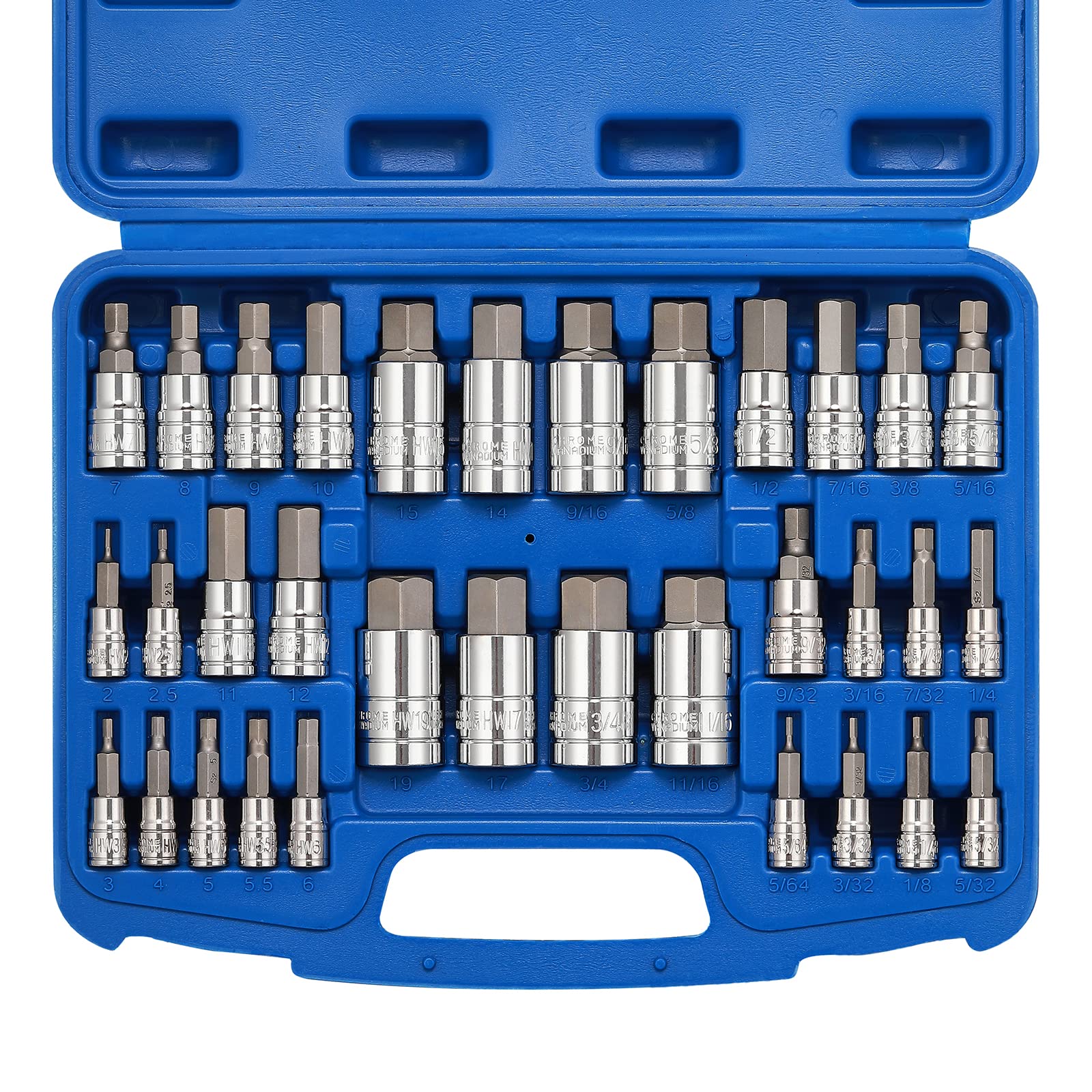 DYRCJ  33 Piece Master Hex Allen Bit Socket Set SAE and Metric Sizes S2 and Chrome Vanadium Steel 5 Slash 64 Inch to Three Quarter Inch 2mm to