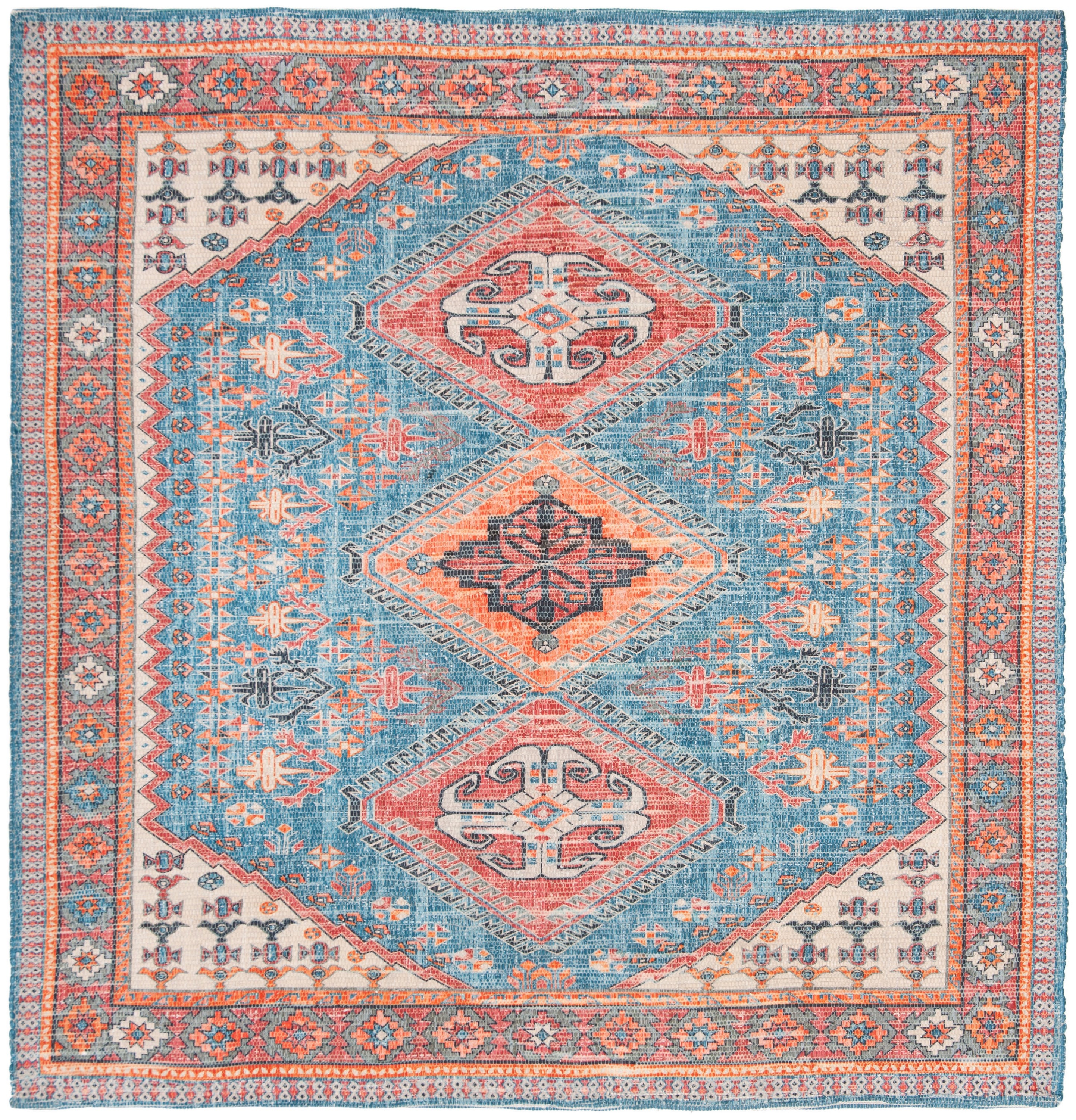 Saffron 6' x 6' Red and Navy Cotton Synthetic Square Rug