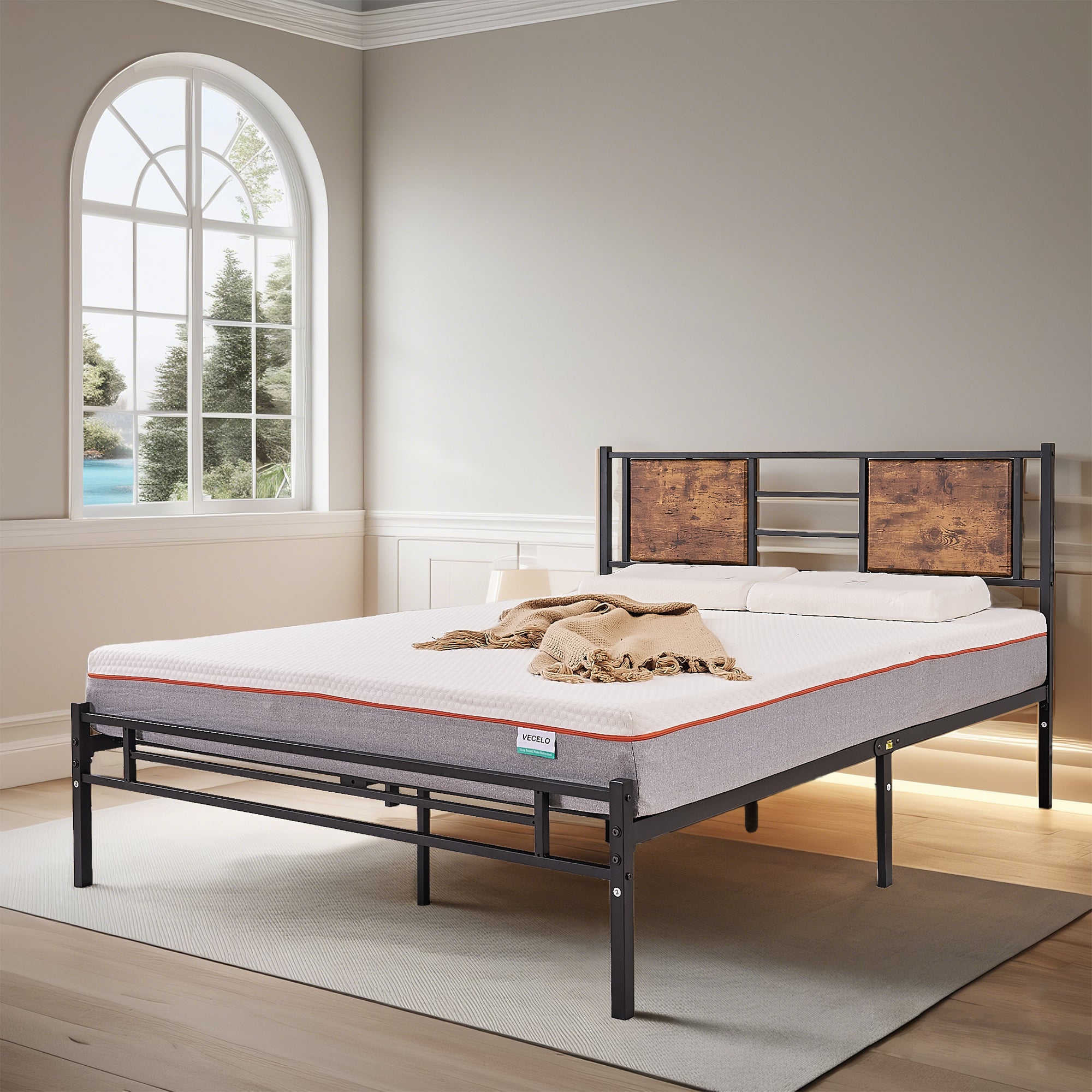 Vecelo LOE-CHYX-RBT12-HSMQ Queen Size Bed Frames with Wood Headboard and Footboard Strong Metal Slats Support for Platform Easy Assembly Brown