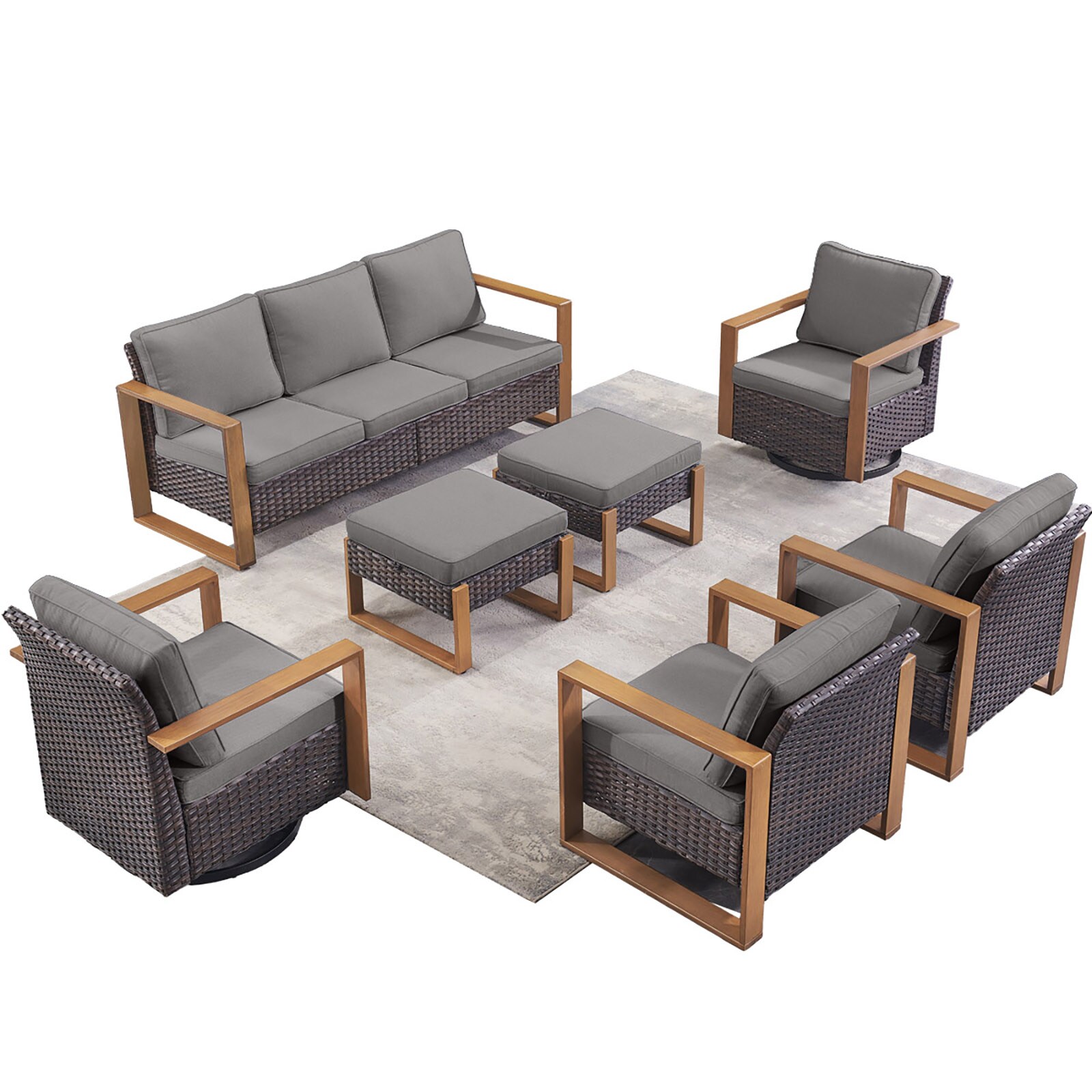 7-Piece Wicker Patio Conversation Set with Gray Cushions | - Rilyson FS126128130136-3