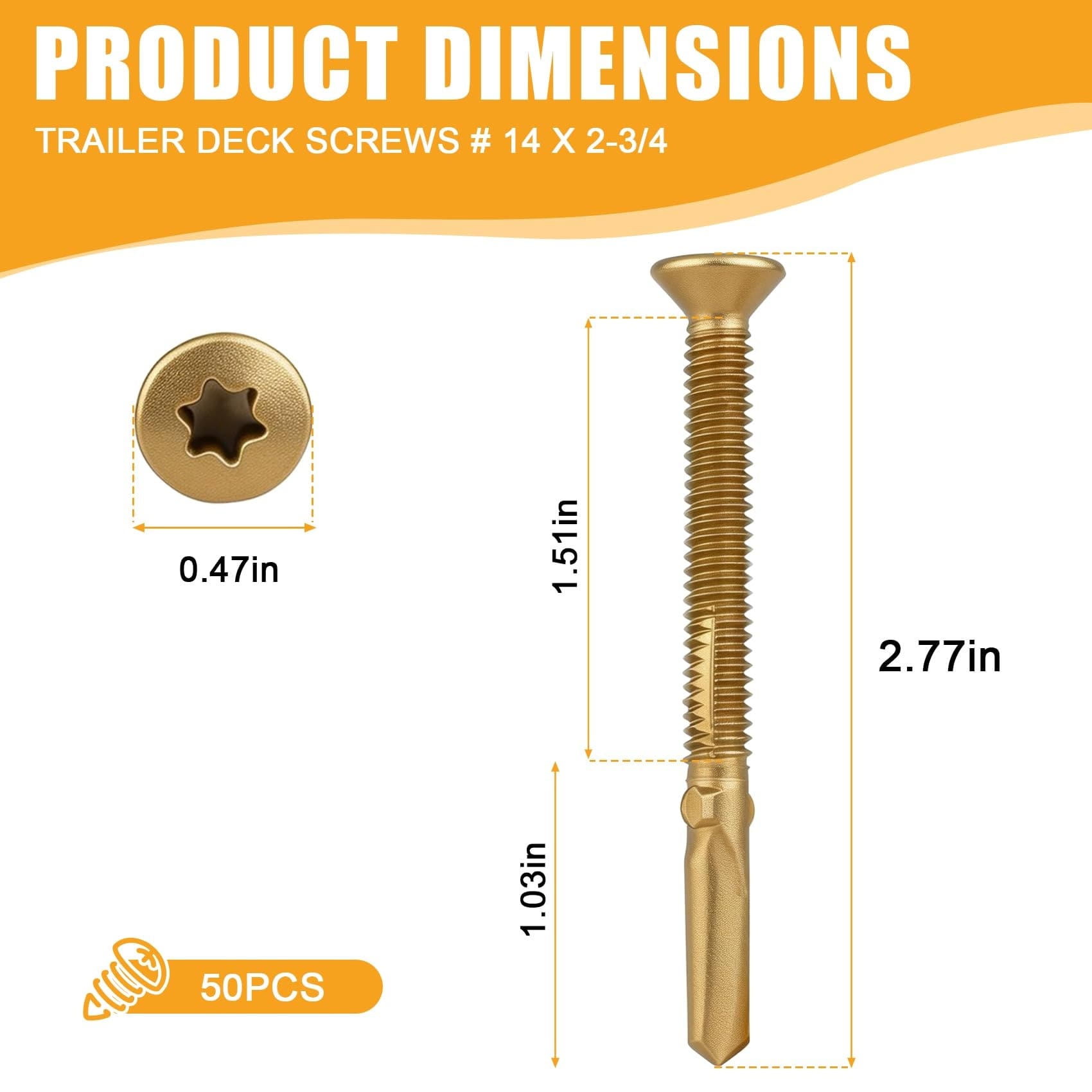 Etokfoks  Pressure Treated 14x2 3 4 Trailer Deck Screws Torx Star Head Self Drilling Wood to Metal 50 Pcs