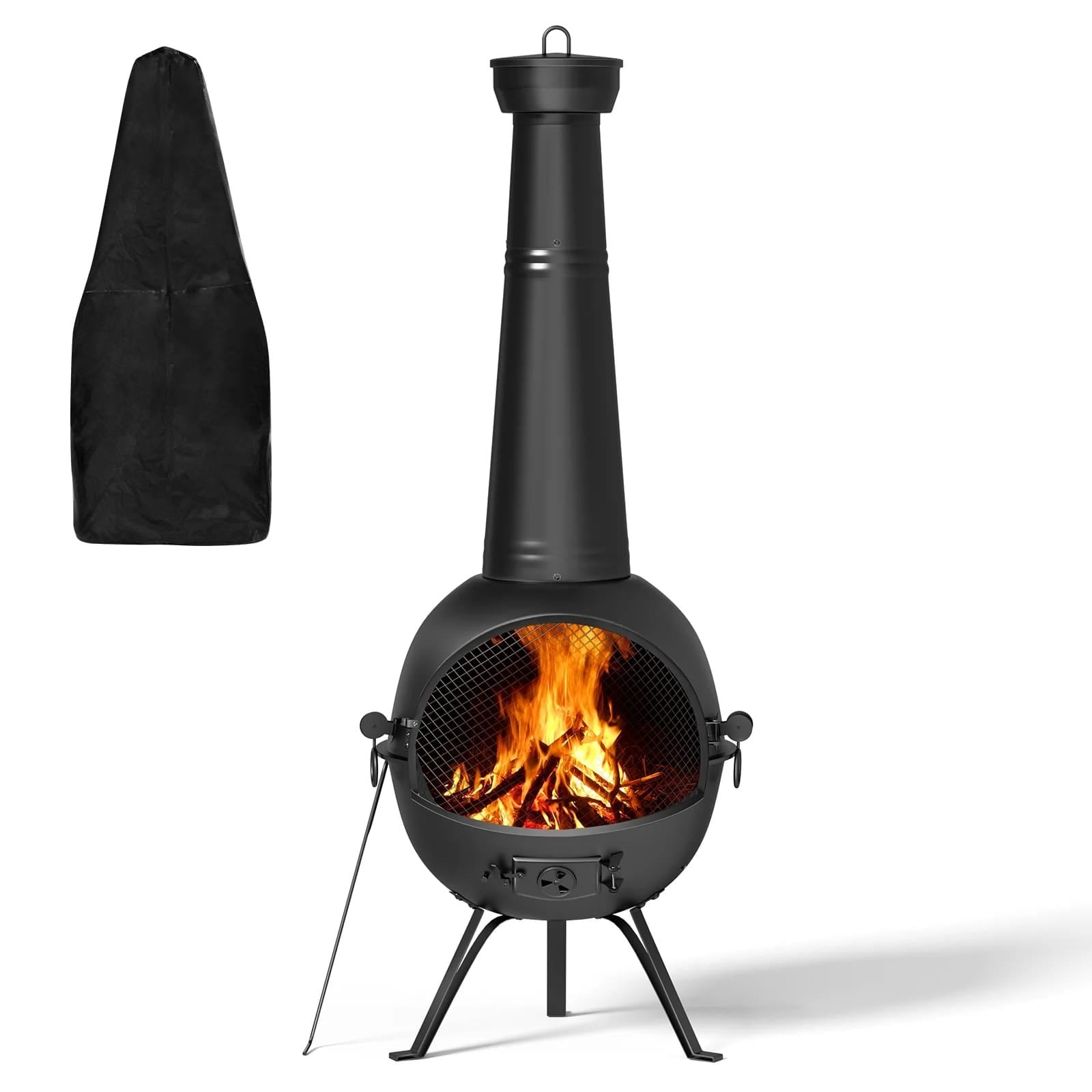 KingChii OUTDOOR-FIREPLACE Chiminea Outdoor Fireplace – Wooden Fire Pit for Patio and Backyard with Cover in Black