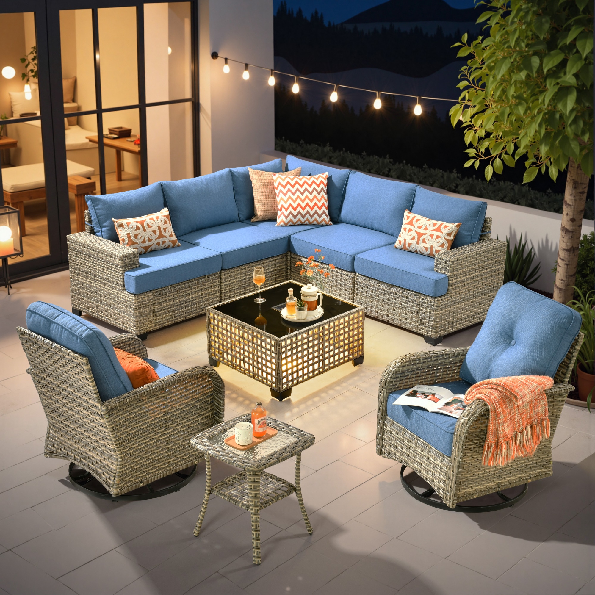 Ovios TS509TYV 9 -Piece Wicker Patio Conversation Set with Blue Cushions