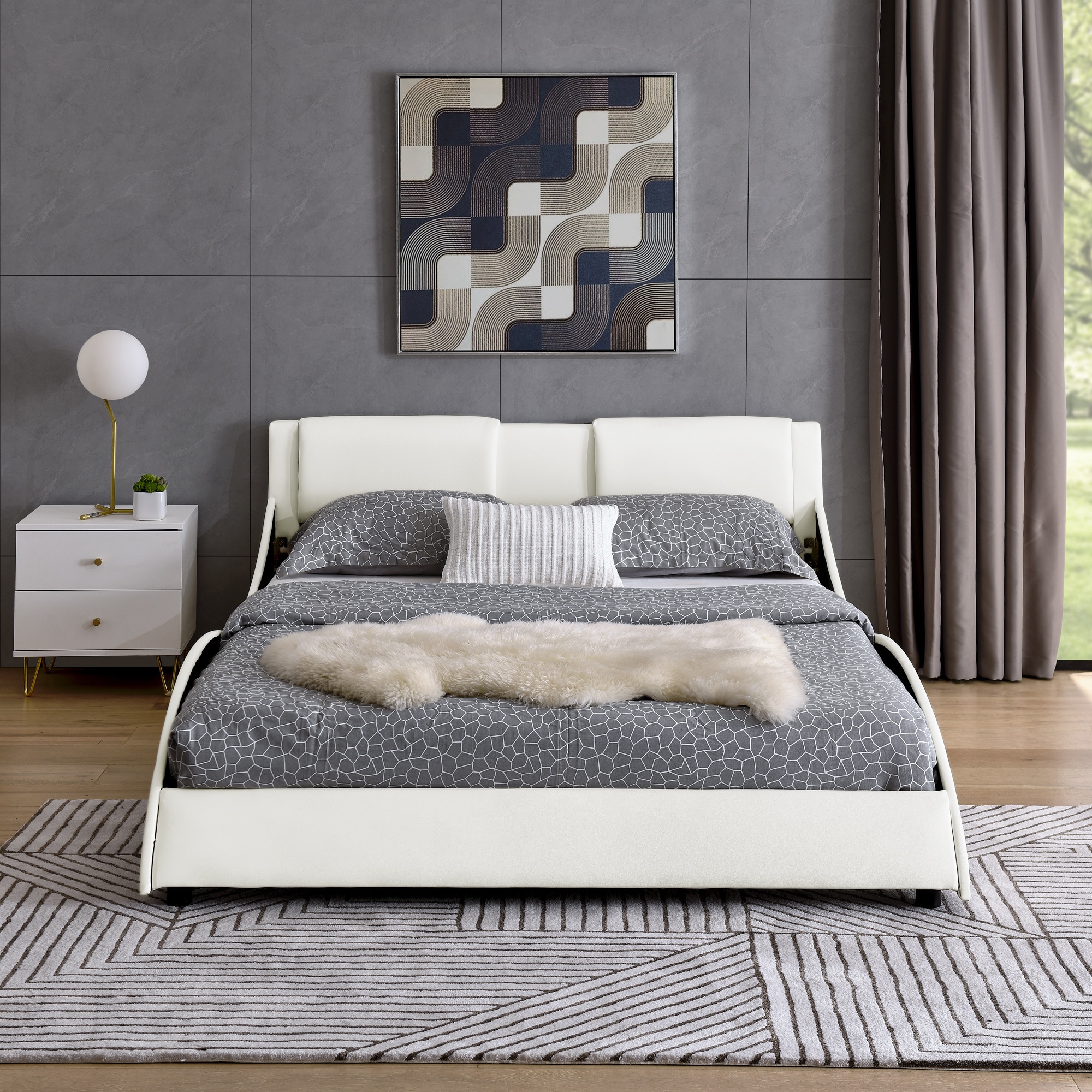 BABOOM BOM-P169714-OR Modern Upholstered Platform Bed Frame White Queen Wood Bed frame Bed