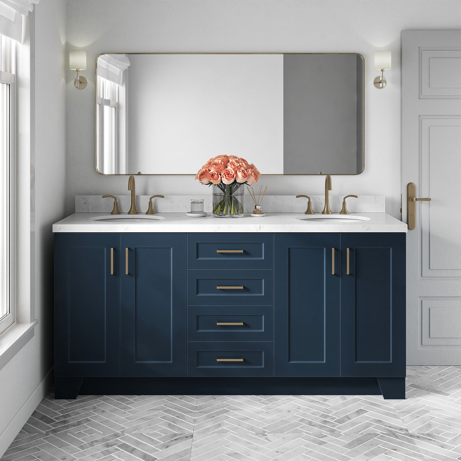 ARIEL - Taylor 72-in Midnight Blue Undermount Double Sink Bathroom Vanity with Carrara White Quar...