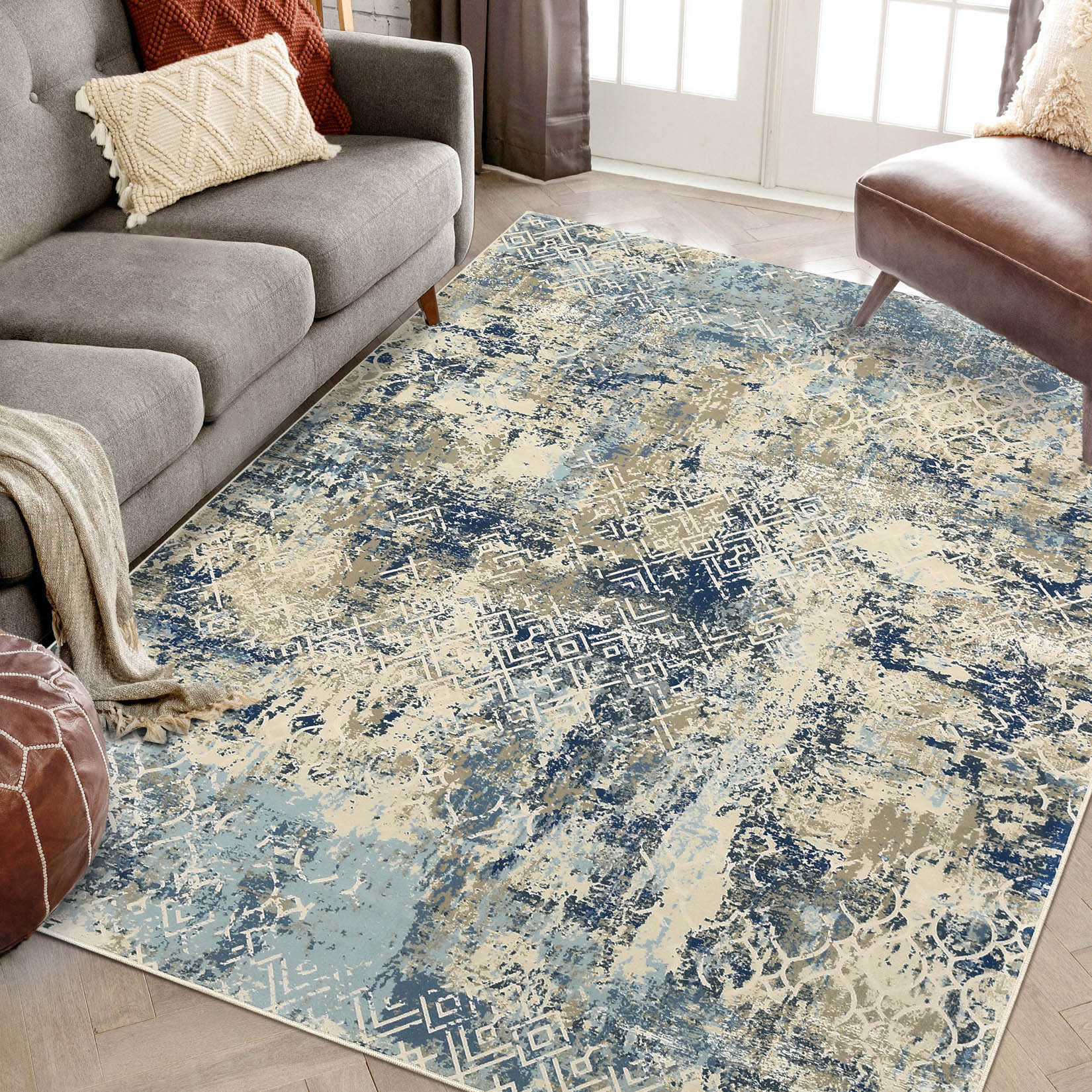 Garvee YXY-LO-PHO-15K0OJFH 5 x 7 (ft) Loomed Polyester Blue Rectangular Indoor Geometric Mid-Century Modern Machine washable Area rug