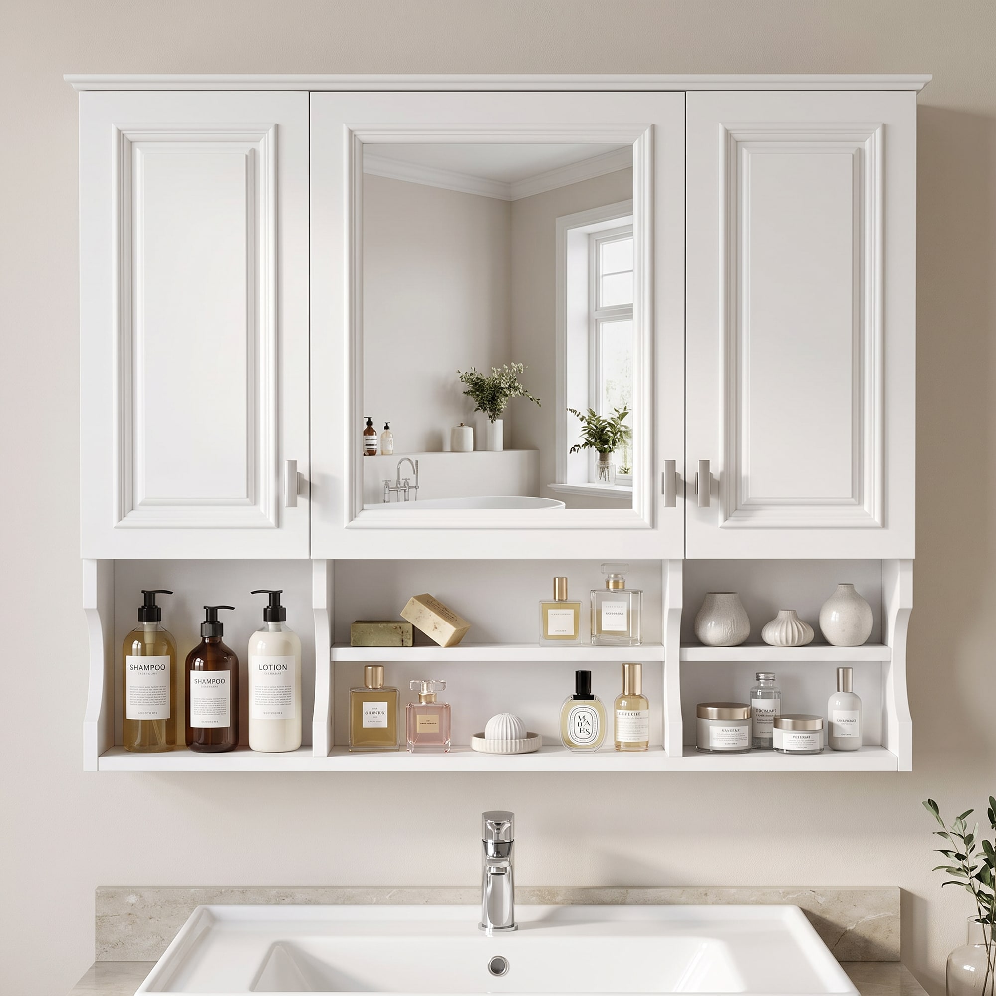 Homy Casa 35-in W White Wall Mounted Bathroom Medicine Cabinet with Mirror Shelves and Rubberwood Installation with Hidden and Open Storage
