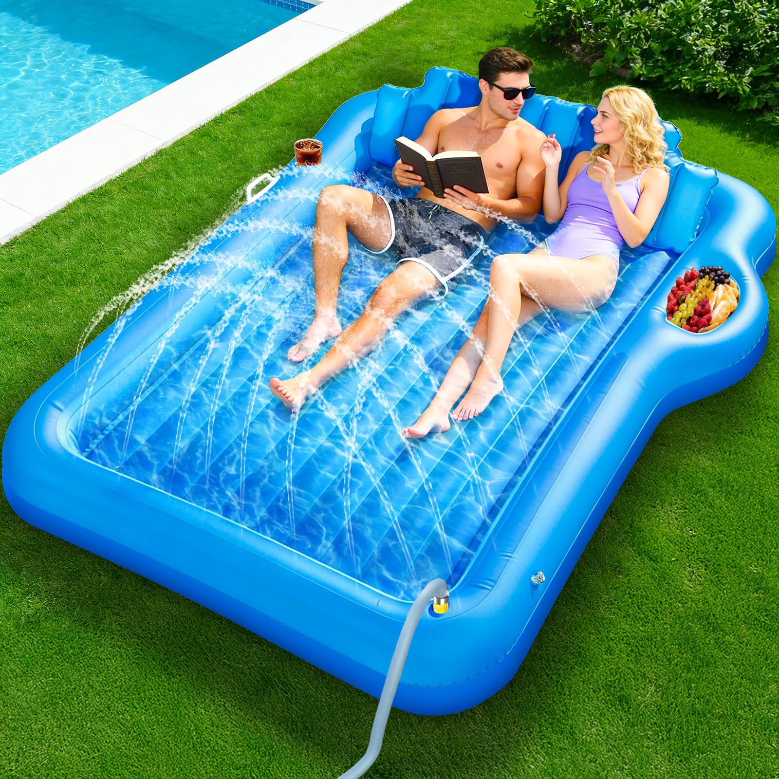 ITOPFOX  Extra Large Inflatable Tanning Lounger Float with Sprinkler Two Person Pool Float with Backrest Cup and Food Holder Blow Up Tanning Bed