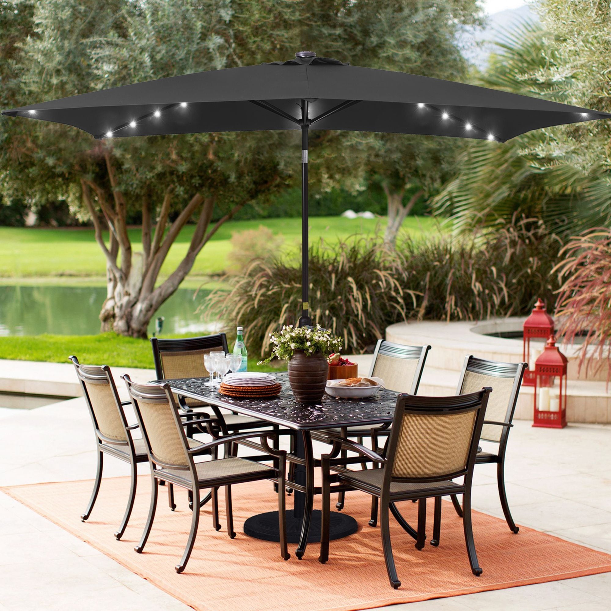 Sonkuki SD-127B-LED 10-Feet Steel Black Push-button Tilt Market Patio Umbrella with Lights and