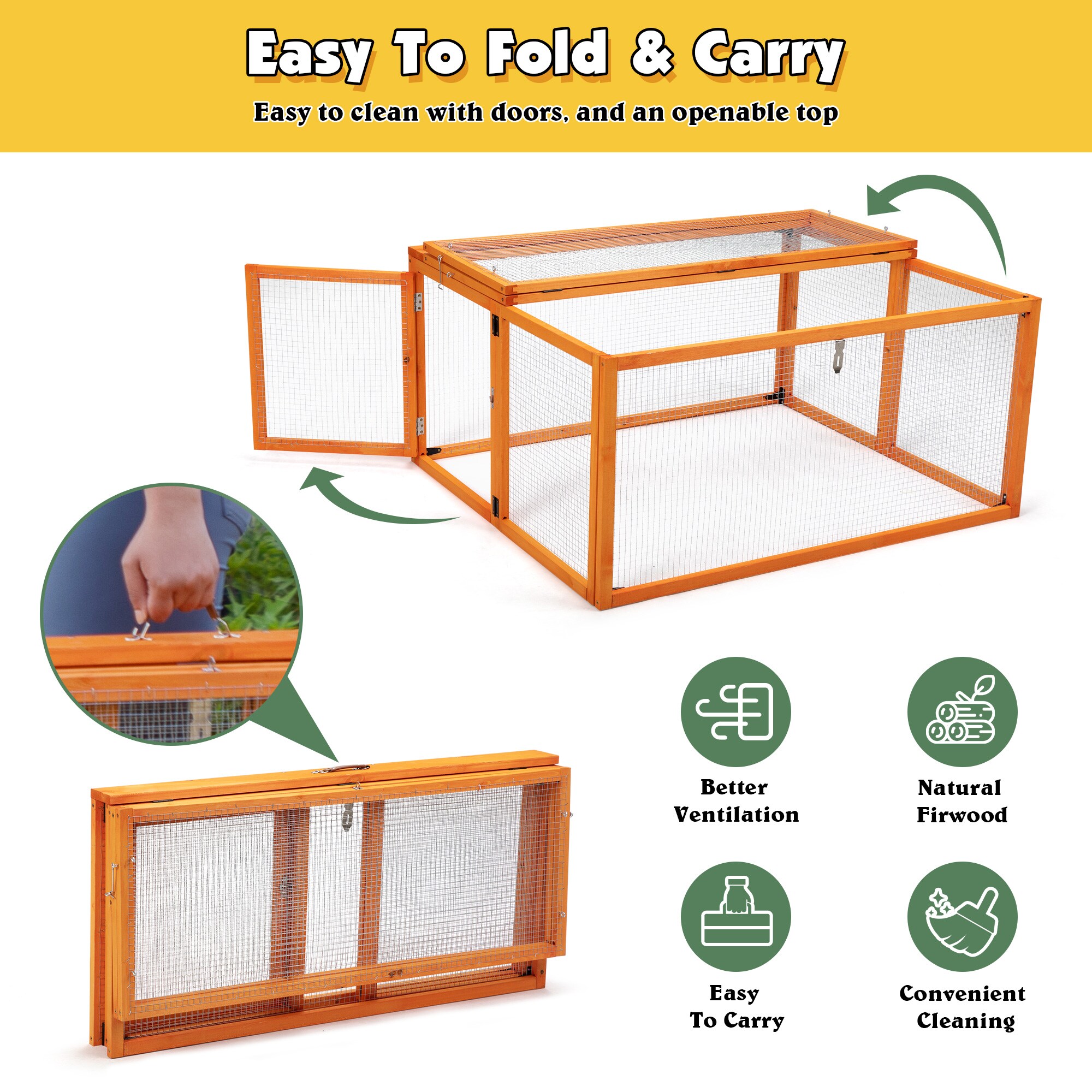 Orange Folding Fir Wood Chicken Coop with Roosting Bar
