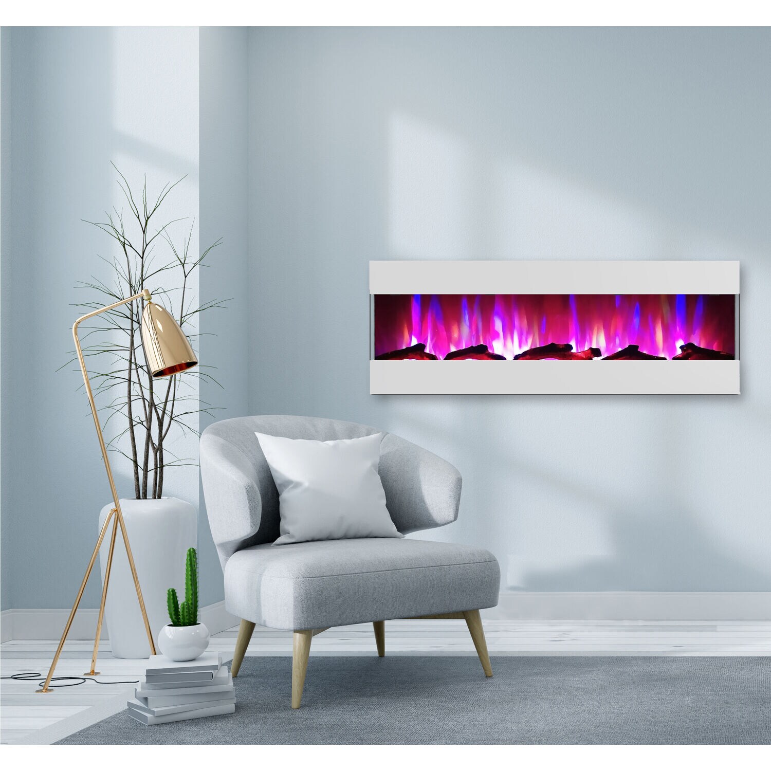 Cambridge 60" White Recessed Electric Fireplace with Multi-Color LED