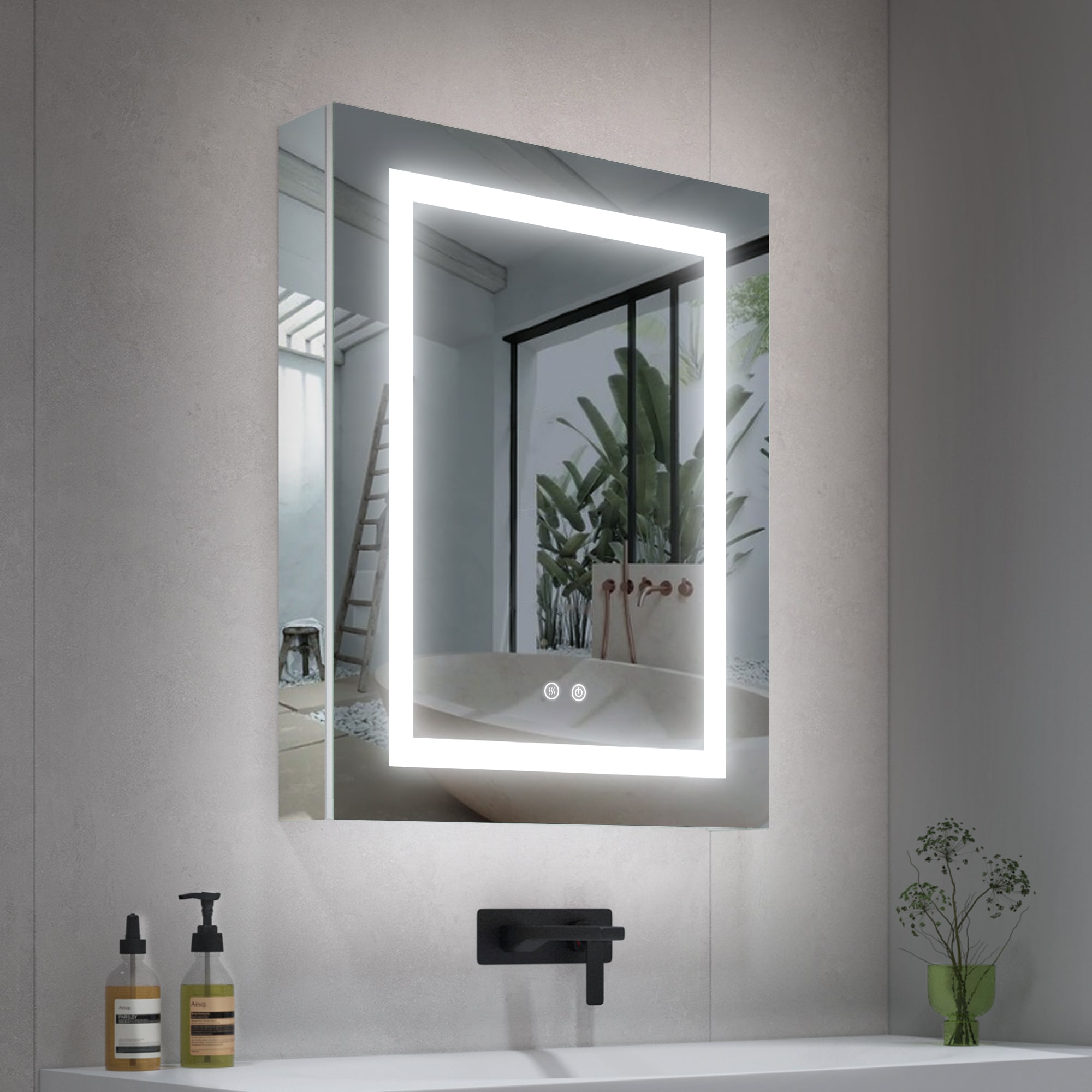 Forclover MEAL-NI2430L 24-Inches x 30-Inches Lighted LED Fog Free Surface/Recessed Mount Silver Mirrored Rectangle Soft Close Medicine Cabinet with Outlet