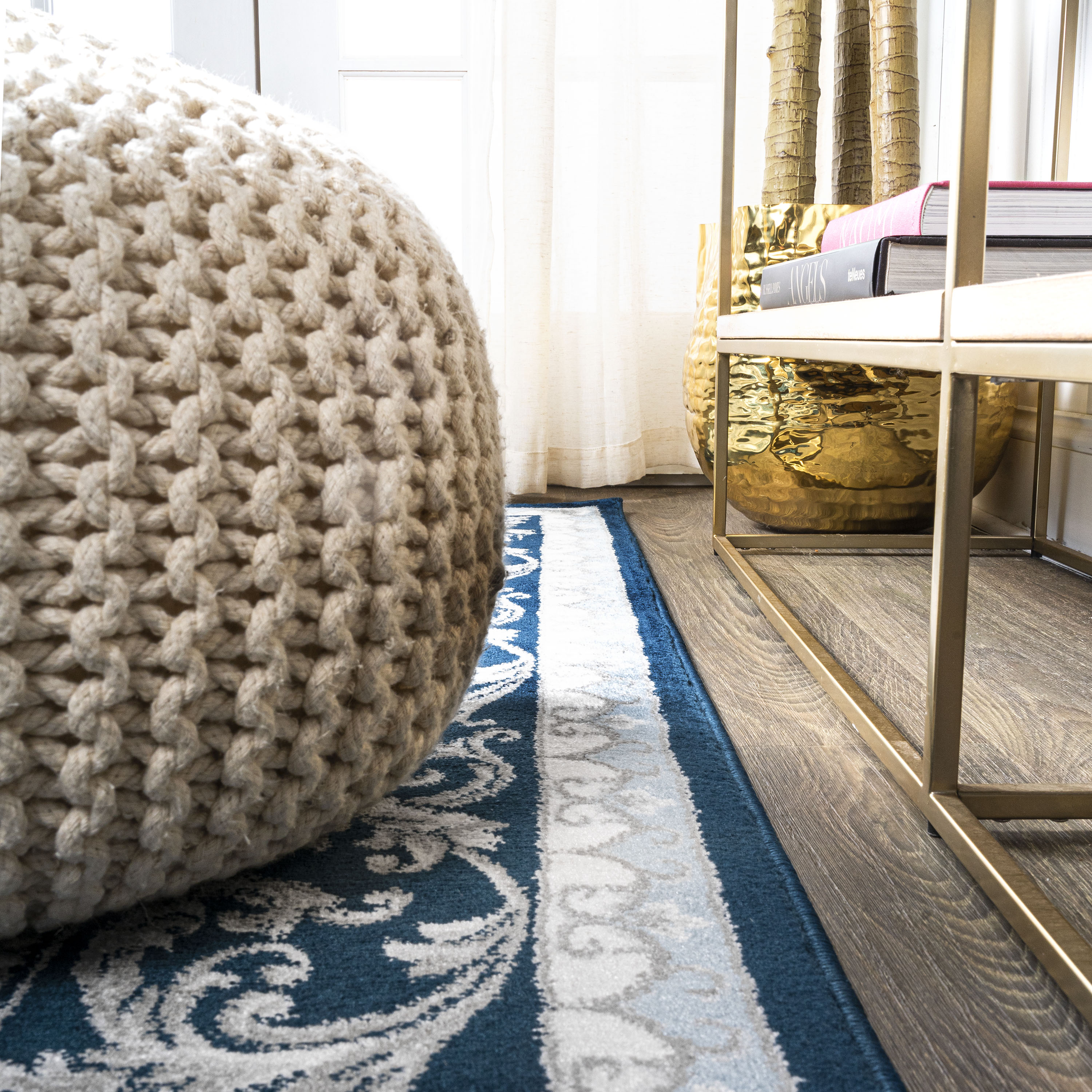Acanthus Medallion French Border Navy/Blue Synthetic Area Rug 3x5