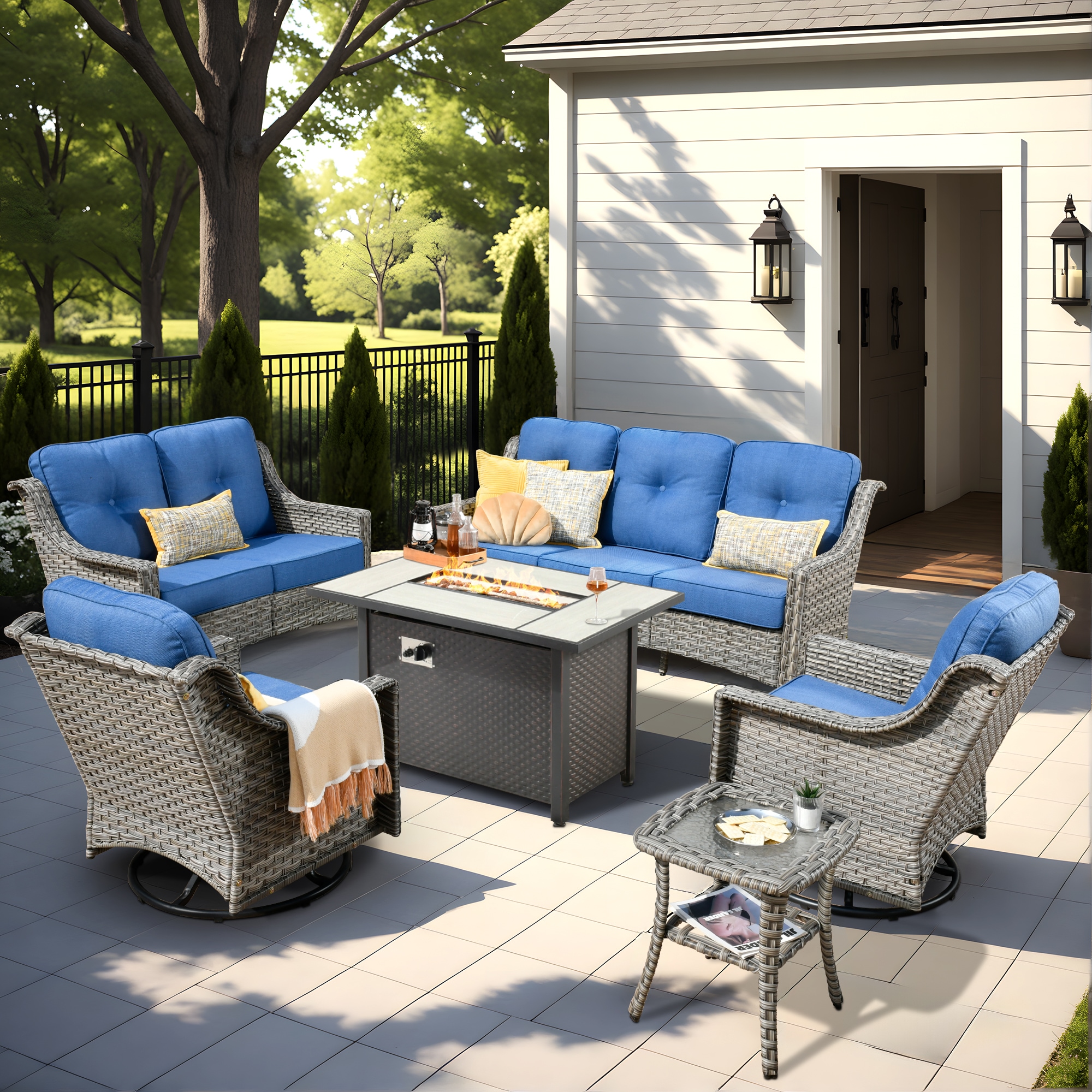 Pouuin SCFPAD506 6 -Piece Wicker Patio Sofa Conversation Set with Blue Cushions